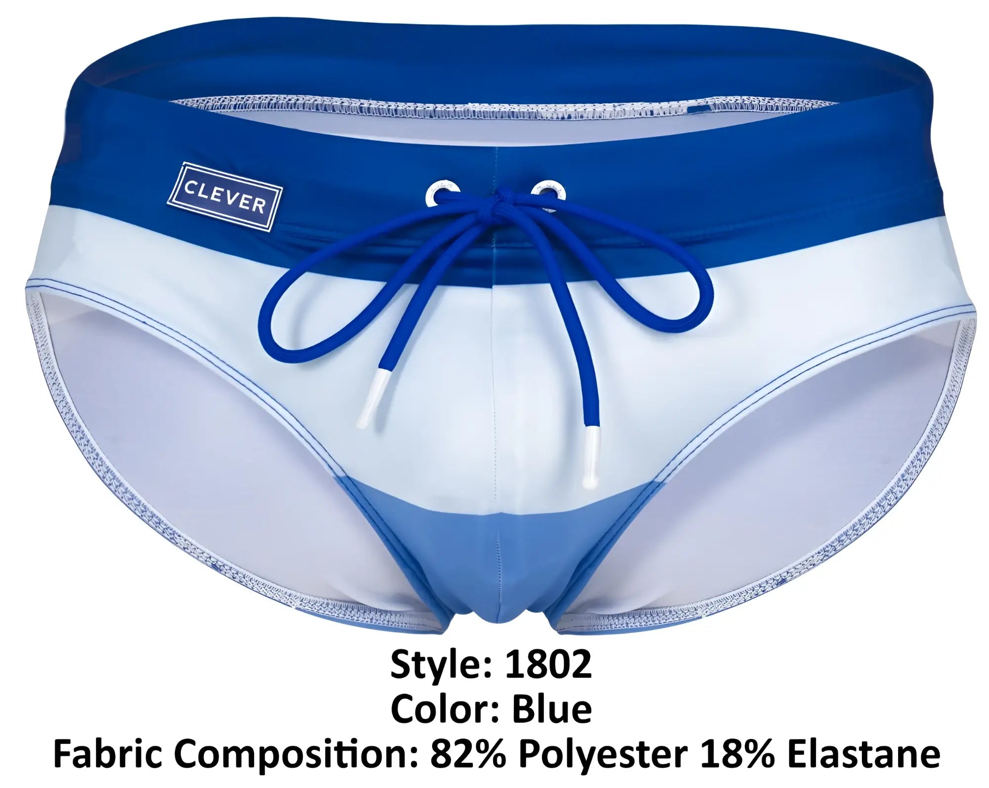 Clever 1802 wave swim briefs in blue with white stripes and navy waistband featuring clever logo on left side