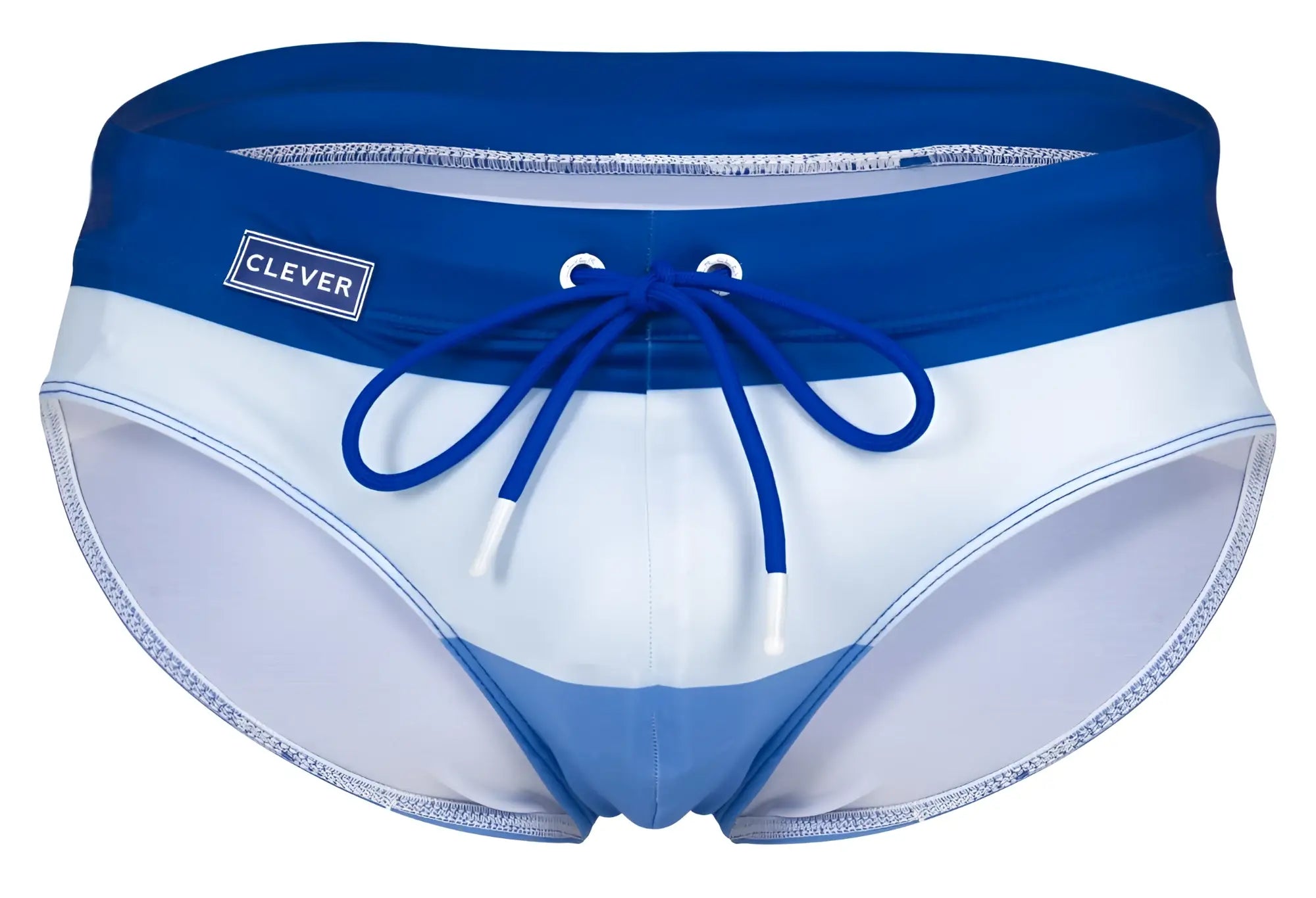 Blue and white clever 1802 wave swim briefs with matching blue drawstring and clever label on waistband