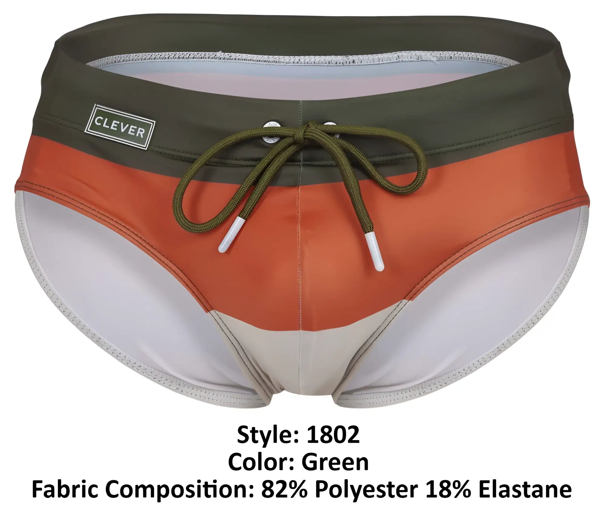 Clever 1802 wave swim briefs in green orange and white color block design with an olive drawstring for men
