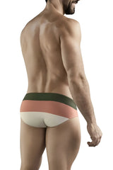 Clever 1802 wave swim briefs in green featuring men’s briefs with bold olive green terracotta pink and cream stripes