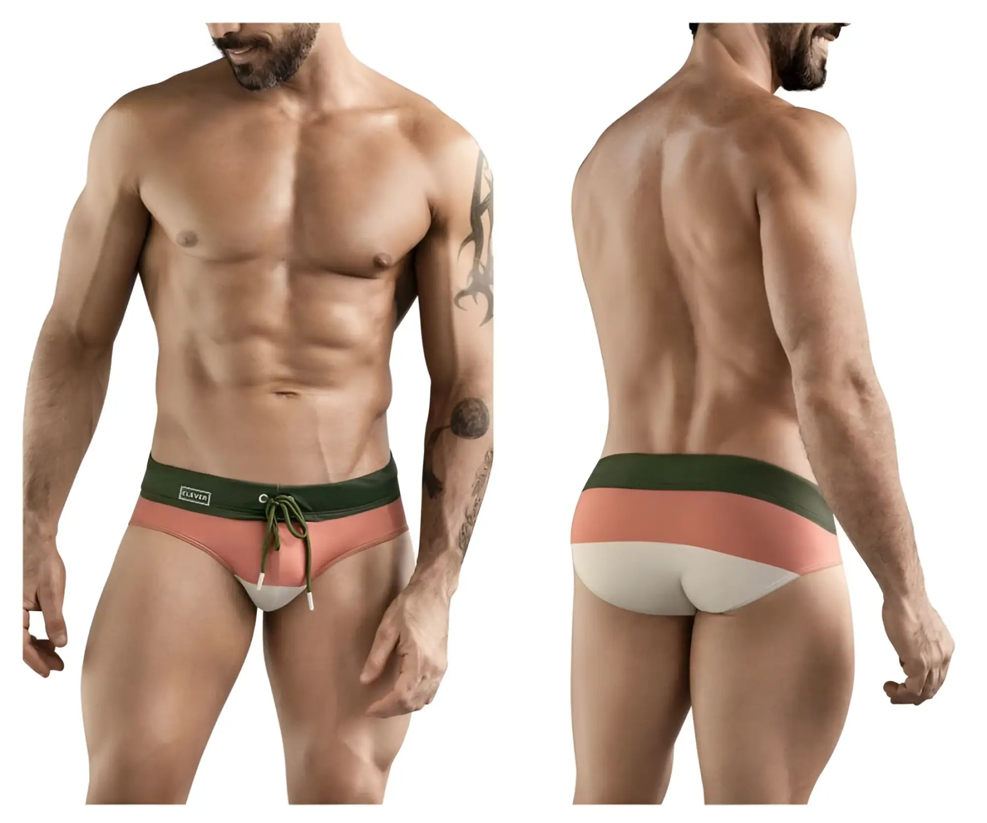 Men’s clever 1802 wave swim briefs in coral and white stripes with dark green drawstring waistband for swimming