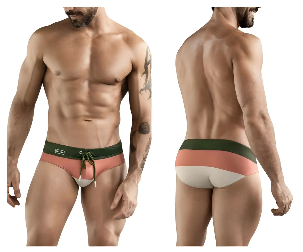Men’s clever 1802 wave swim briefs in coral and white stripes with dark green drawstring waistband for swimming
