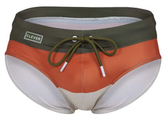Clever 1802 Wave swim briefs in olive green and orange stripes with white trim and a drawstring waistband
