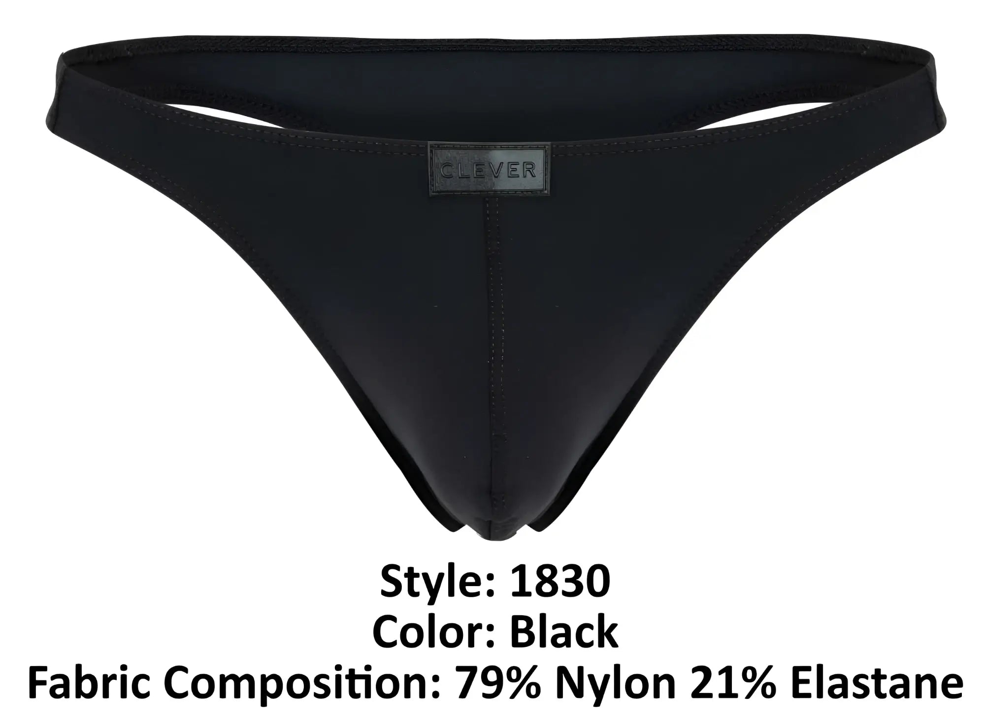 Black clever 1830 desirable thong with sleek minimalist design and small clever brand label on the waistband