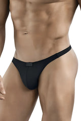 Black form-fitting thong with smooth seamless design and elastic waistband shown from the back side