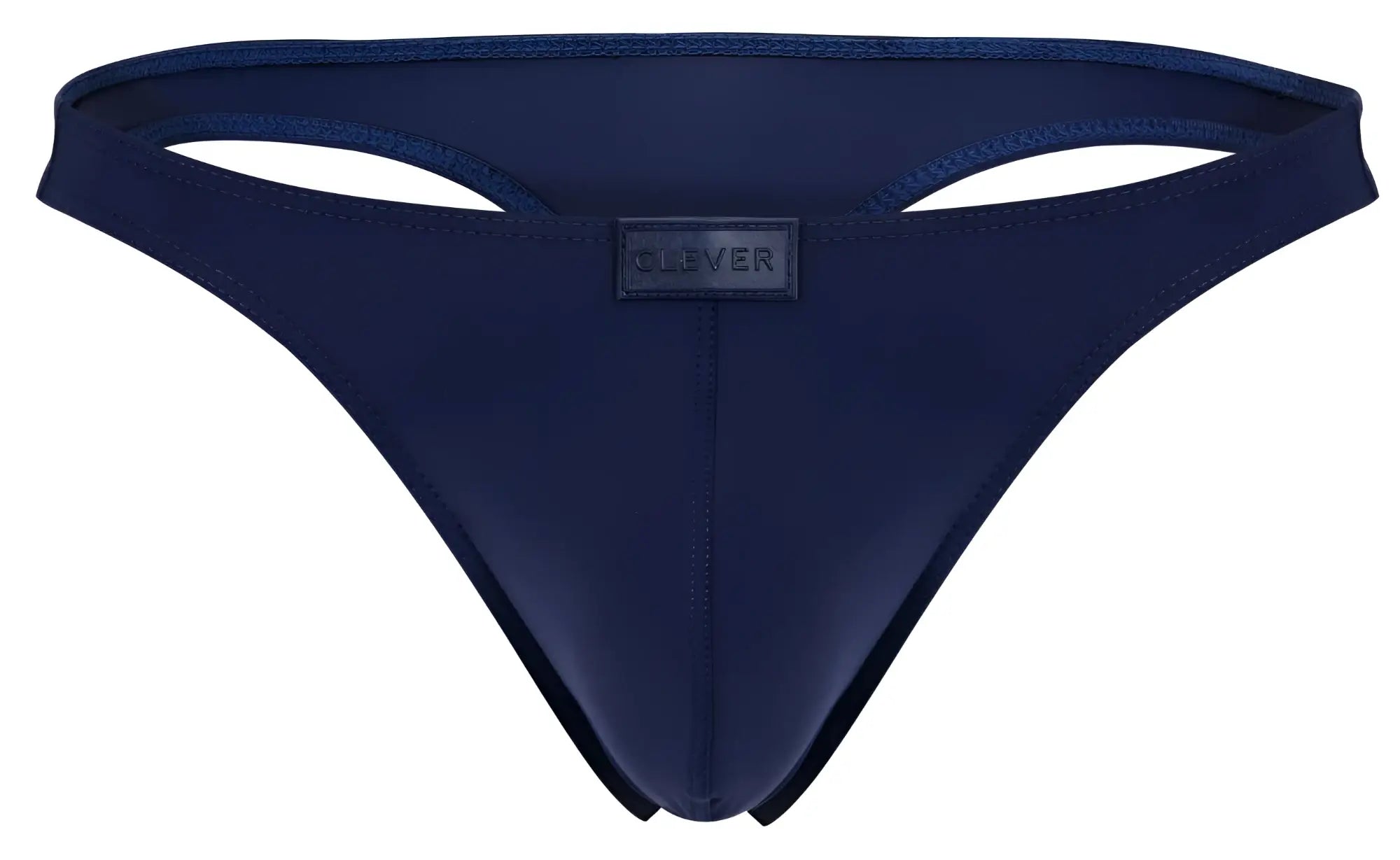 Navy blue silicone thong with subtle clover brand label at center from clever 1830 desirable thongs collection