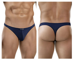 Navy blue clever 1830 desirable thong with small rectangular brand tag at front made from soft breathable fabric
