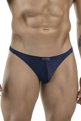 Navy blue clever 1830 desirable thong with subtle textured fabric and small rectangular brand tag on waistband front