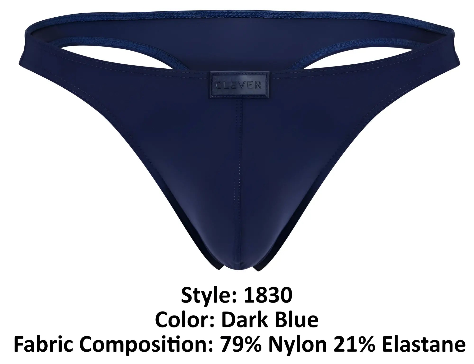 Dark blue clever 1830 desirable thong made of 79 nylon 21 elastane with small black brand label at center