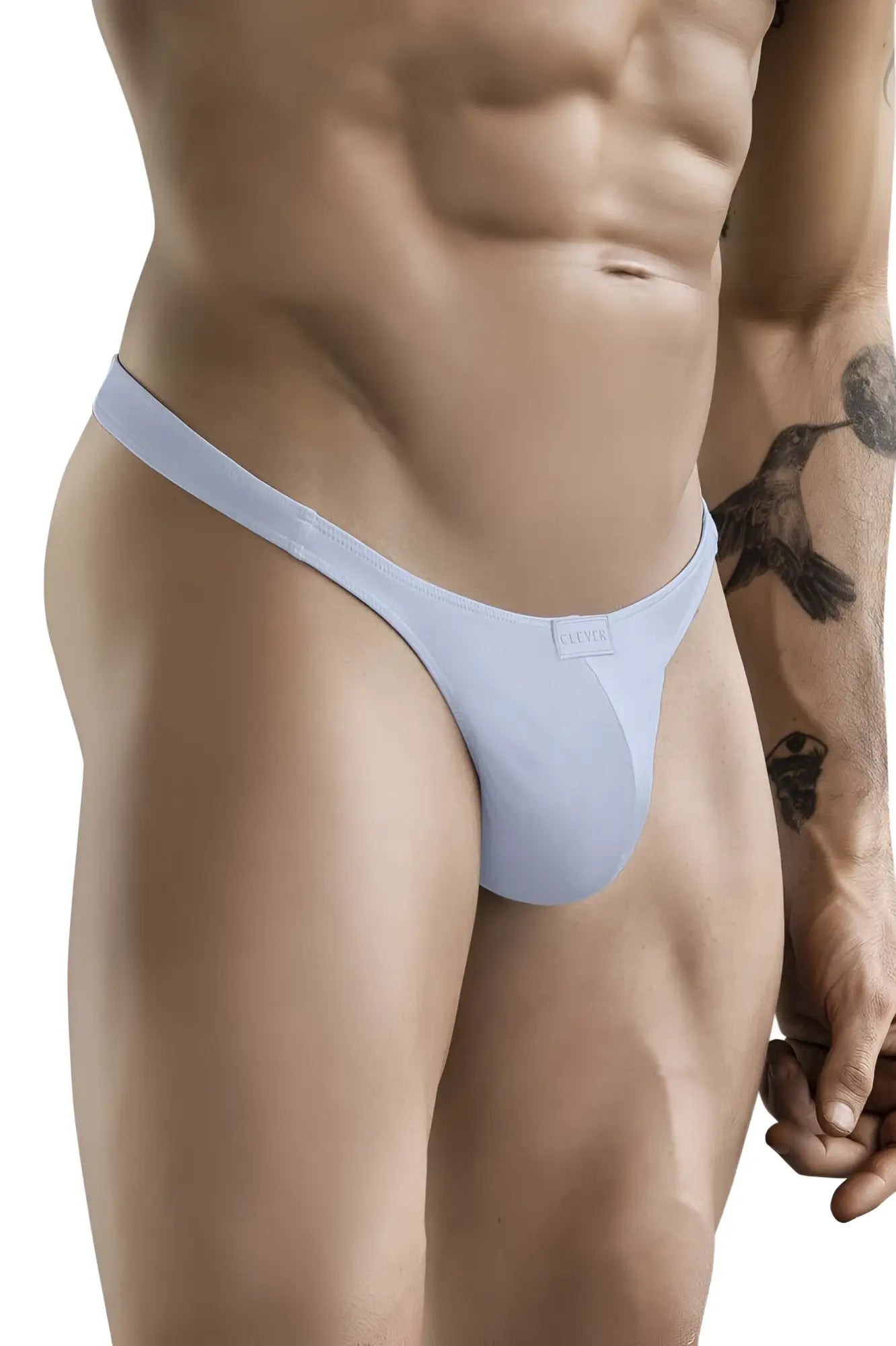 Light blue seamless thong made of soft fabric with subtle brand tag at waistband from Clever 1830 Desirable Thongs gray collection
