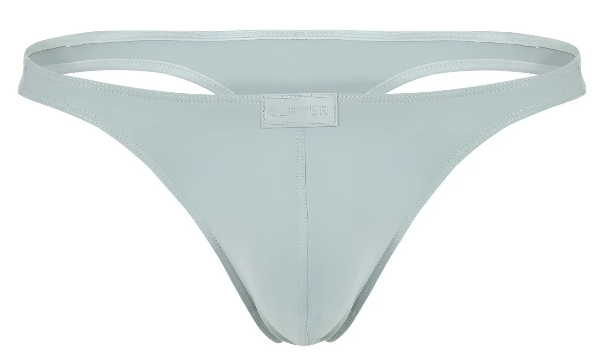 A sleek light blue thong made of smooth fabric with a minimalist design and clover brand tag at the center