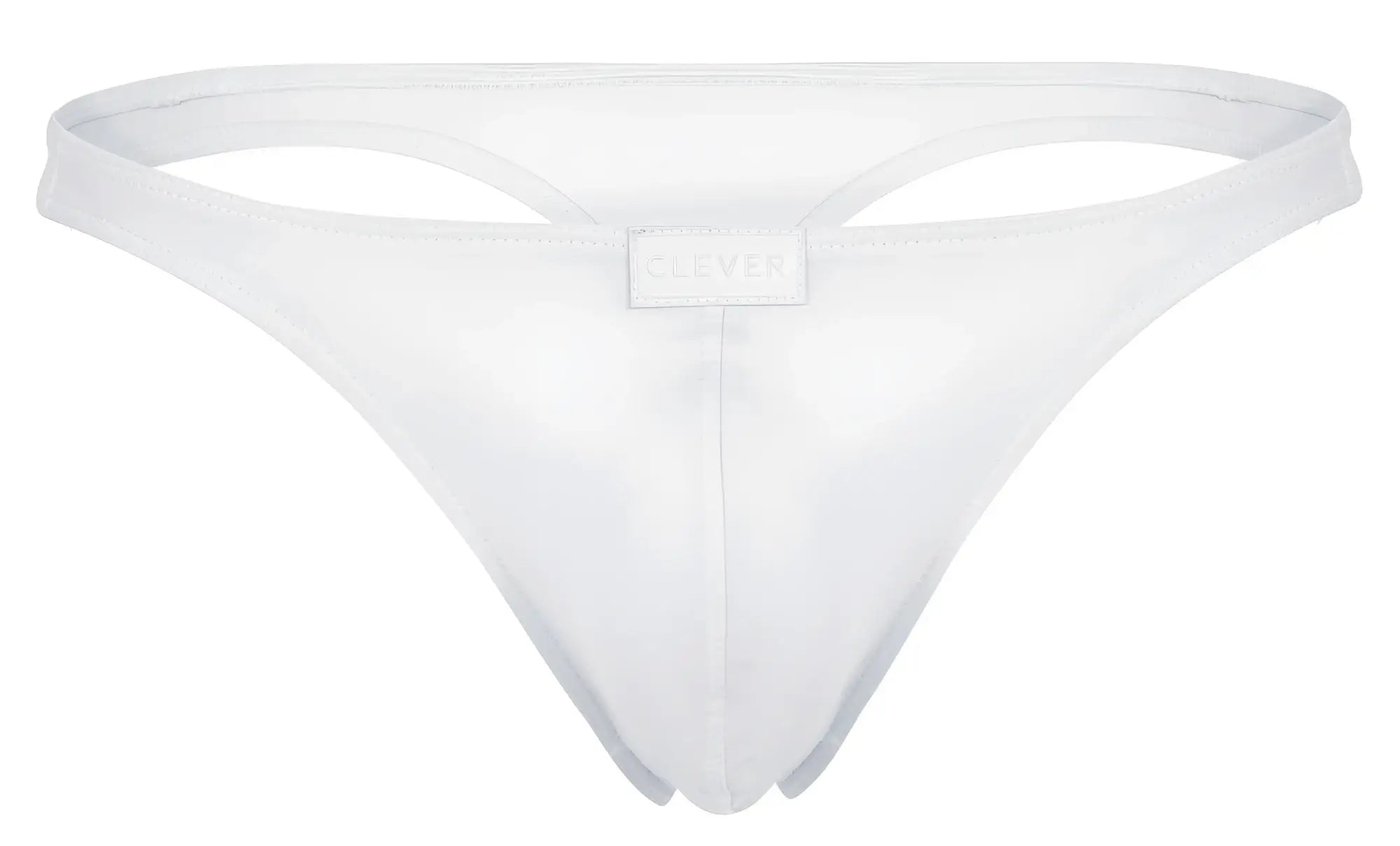 White clever 1830 desirable thong back side with smooth stretchy fabric and small rectangular brand tag at center back