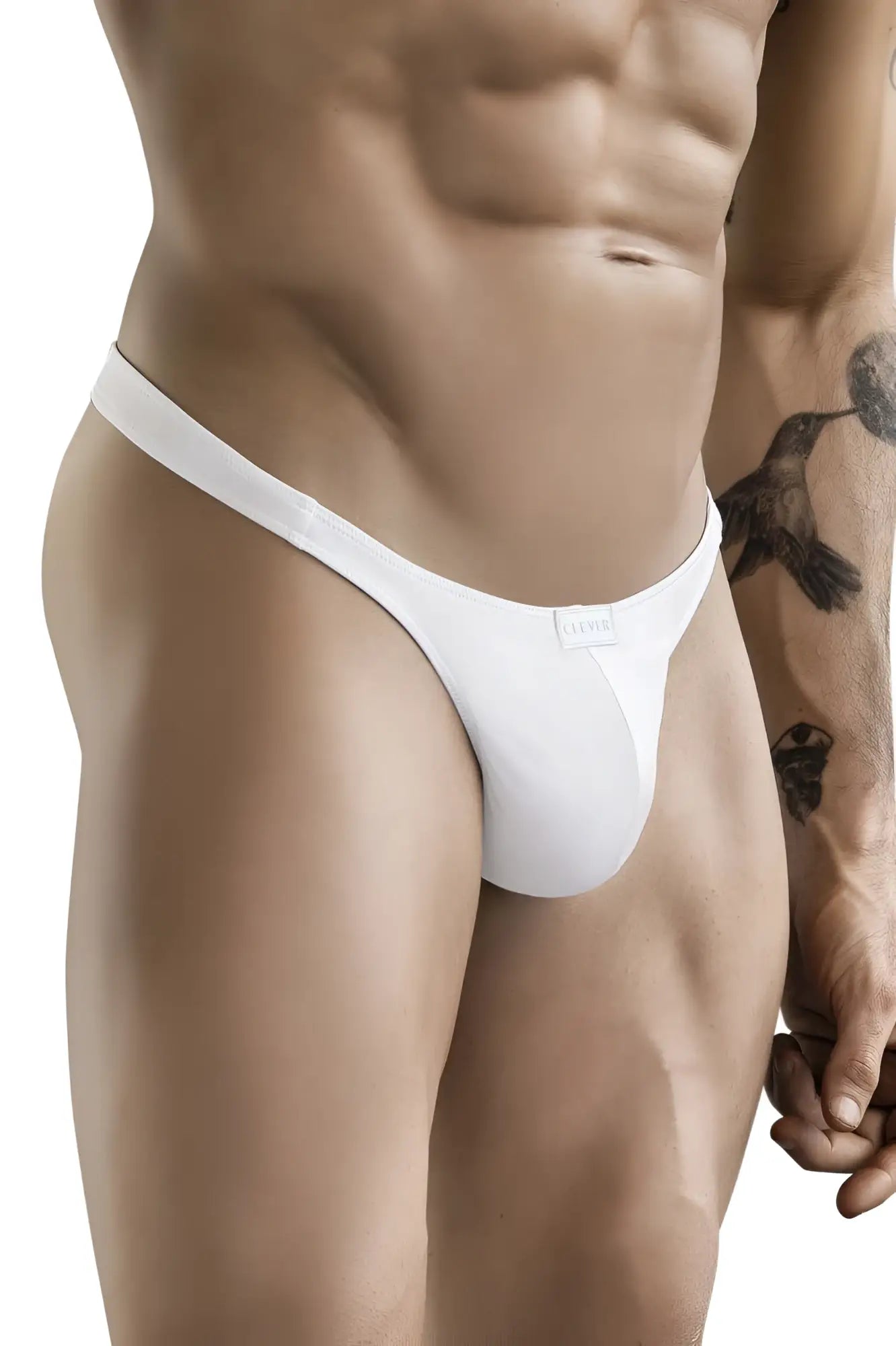 White seamless thong from Clever 1830 Desirable Thongs made of smooth fabric with minimalist design and subtle brand tag