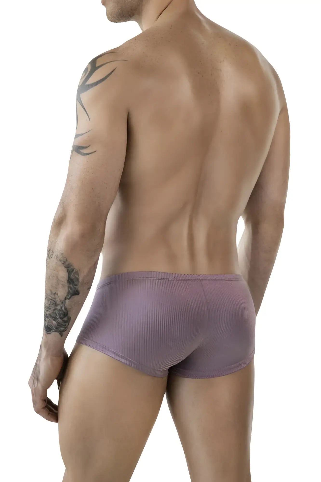 Purple ribbed briefs made from soft fabric shown from the back with a clever 1844 aura trunks brown color label