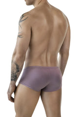 Purple ribbed briefs made from soft fabric shown from the back with a clever 1844 aura trunks brown color label
