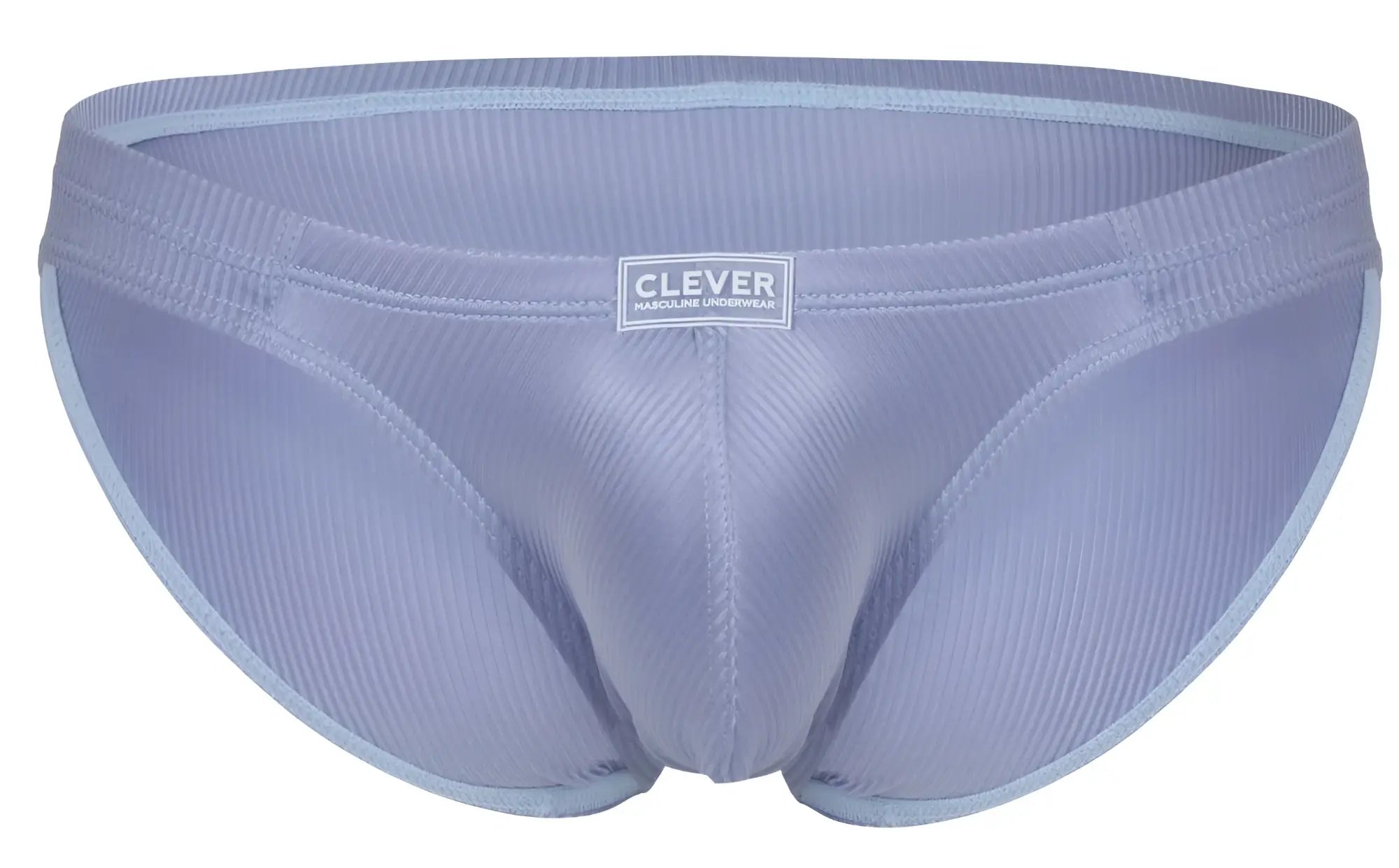 Light blue ribbed fabric briefs with clever brand label on waistband from clever 1845 aura bikini color blue collection