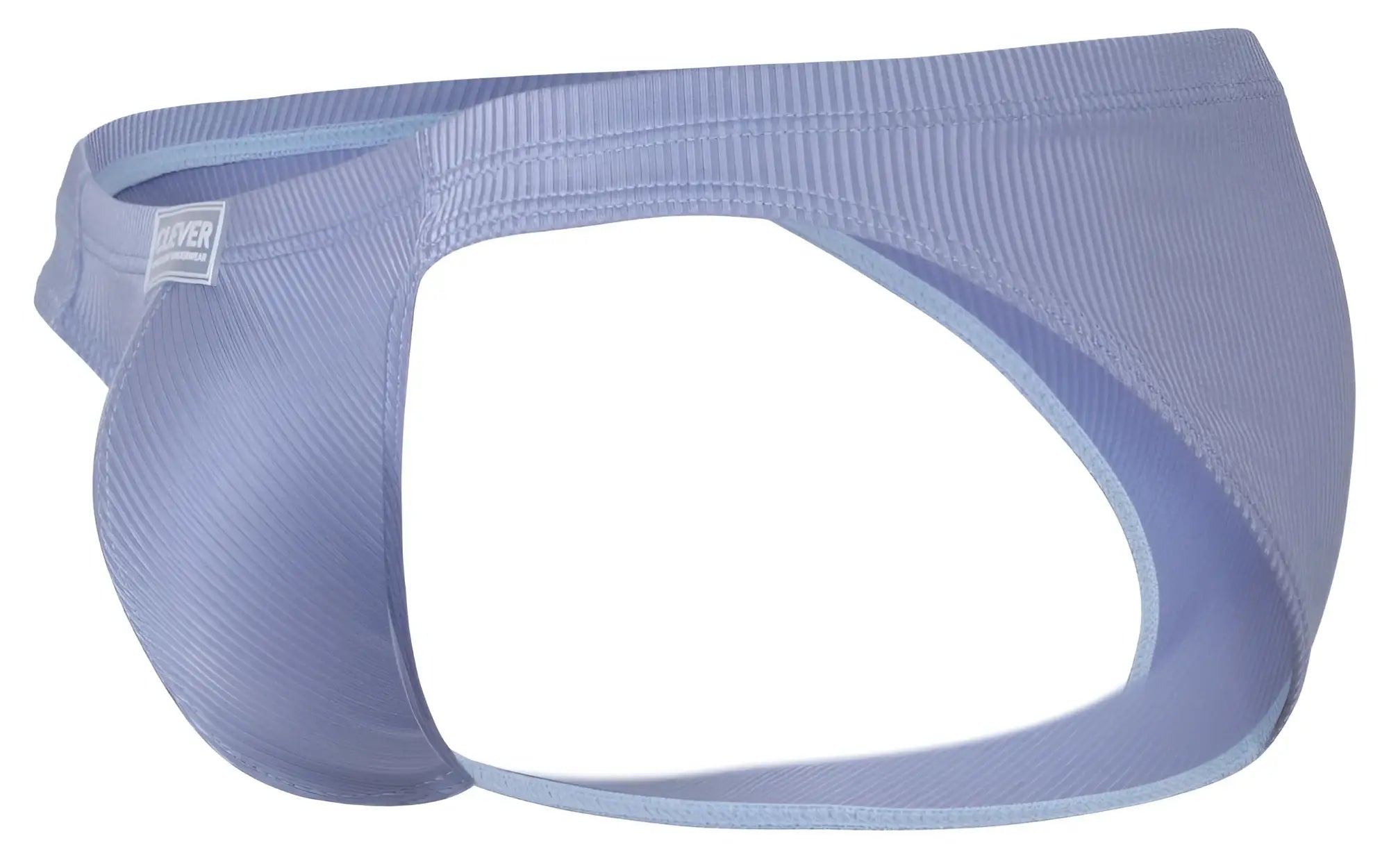 Light blue ribbed fabric briefs with subtle textured pattern and white label on the waistband clever 1845 aura bikini