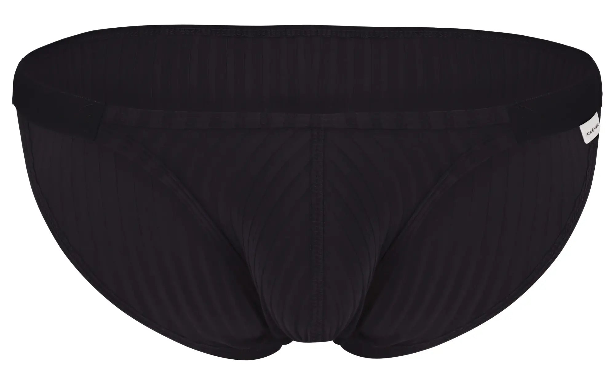 Black clever 1846 mantra bikini briefs with ribbed waistband and subtle vertical stitching, textured fabric