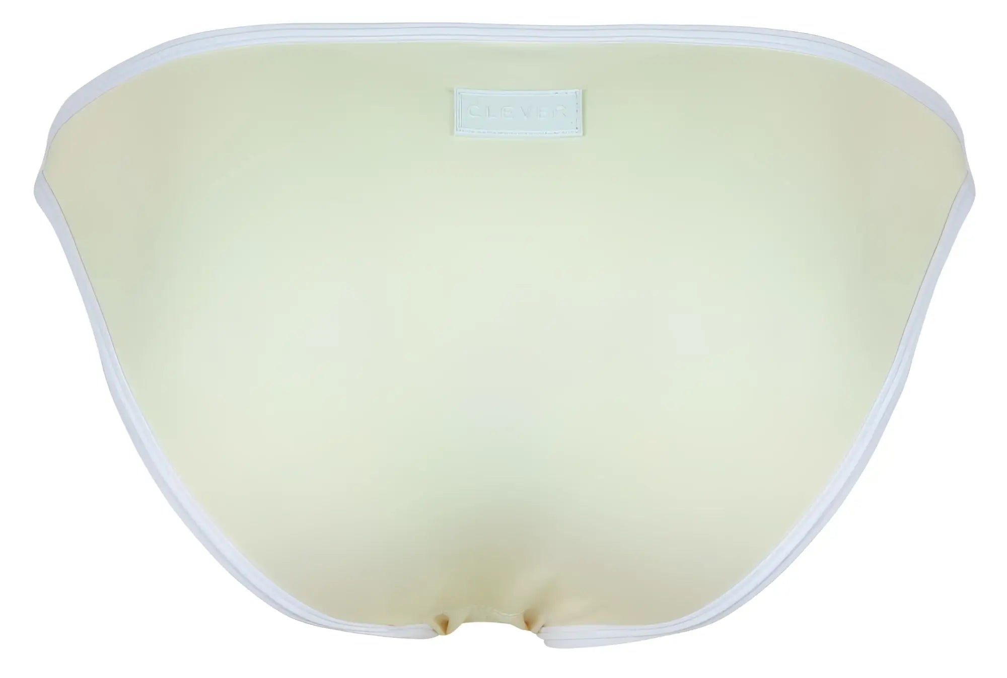 Cream-colored padded bikini bottom with white trim and subtle Clever brand label on the waistband in beige