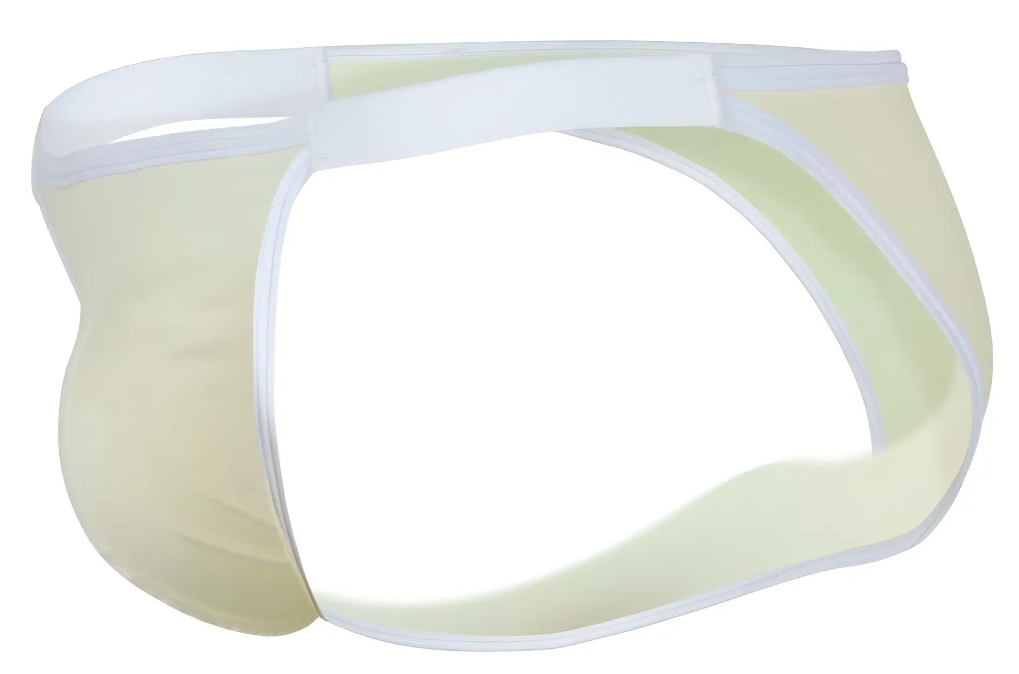 Pale yellow mesh briefs with white trim in clever 1848 relax bikini color beige showing front side