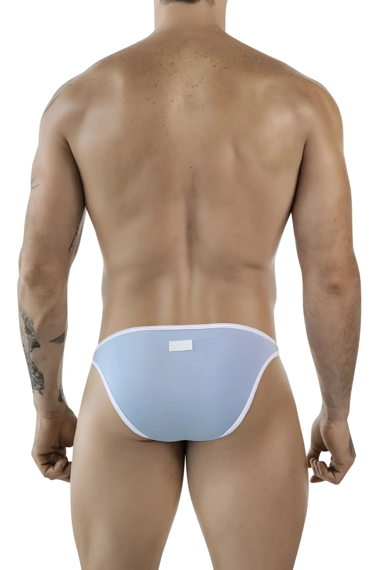 Light blue clever 1848 relax bikini briefs with white trim and back label in form-fitting fabric