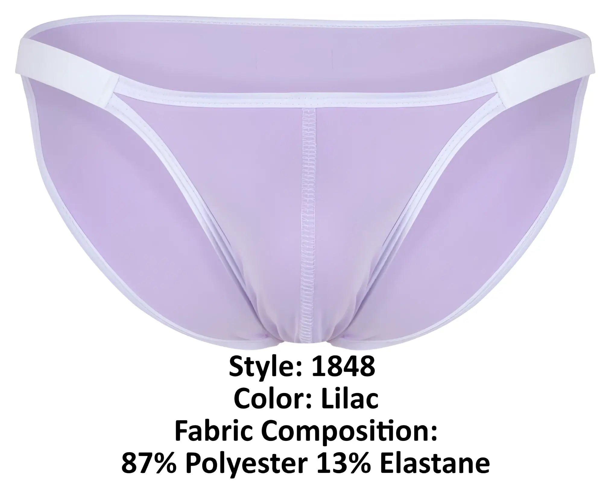 Lilac-colored sheer mesh clever 1848 relax bikini briefs with white trim and central seam front view