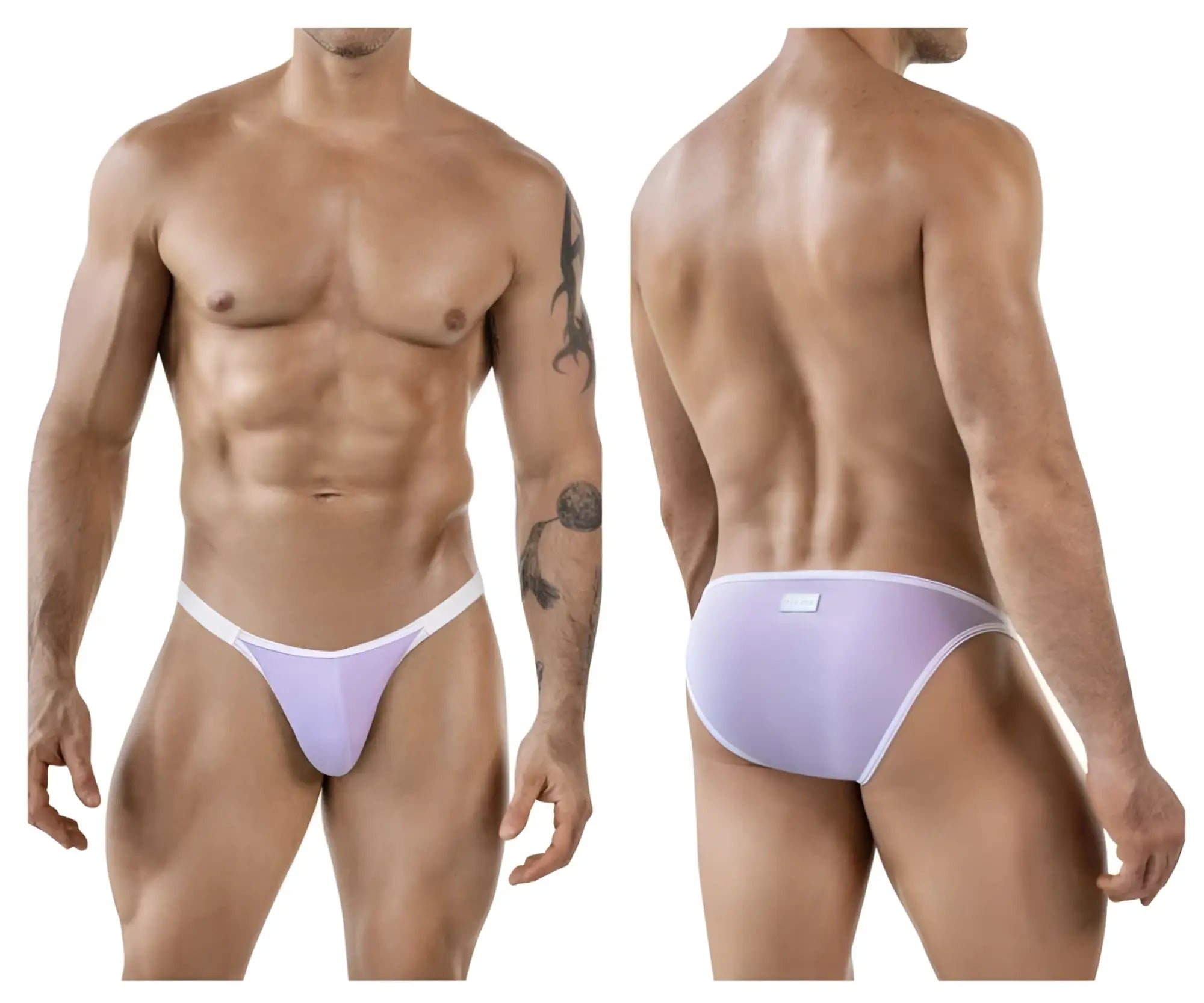 Lavender-colored clever 1848 relax bikini briefs with white trim and brand tag shown from the back side