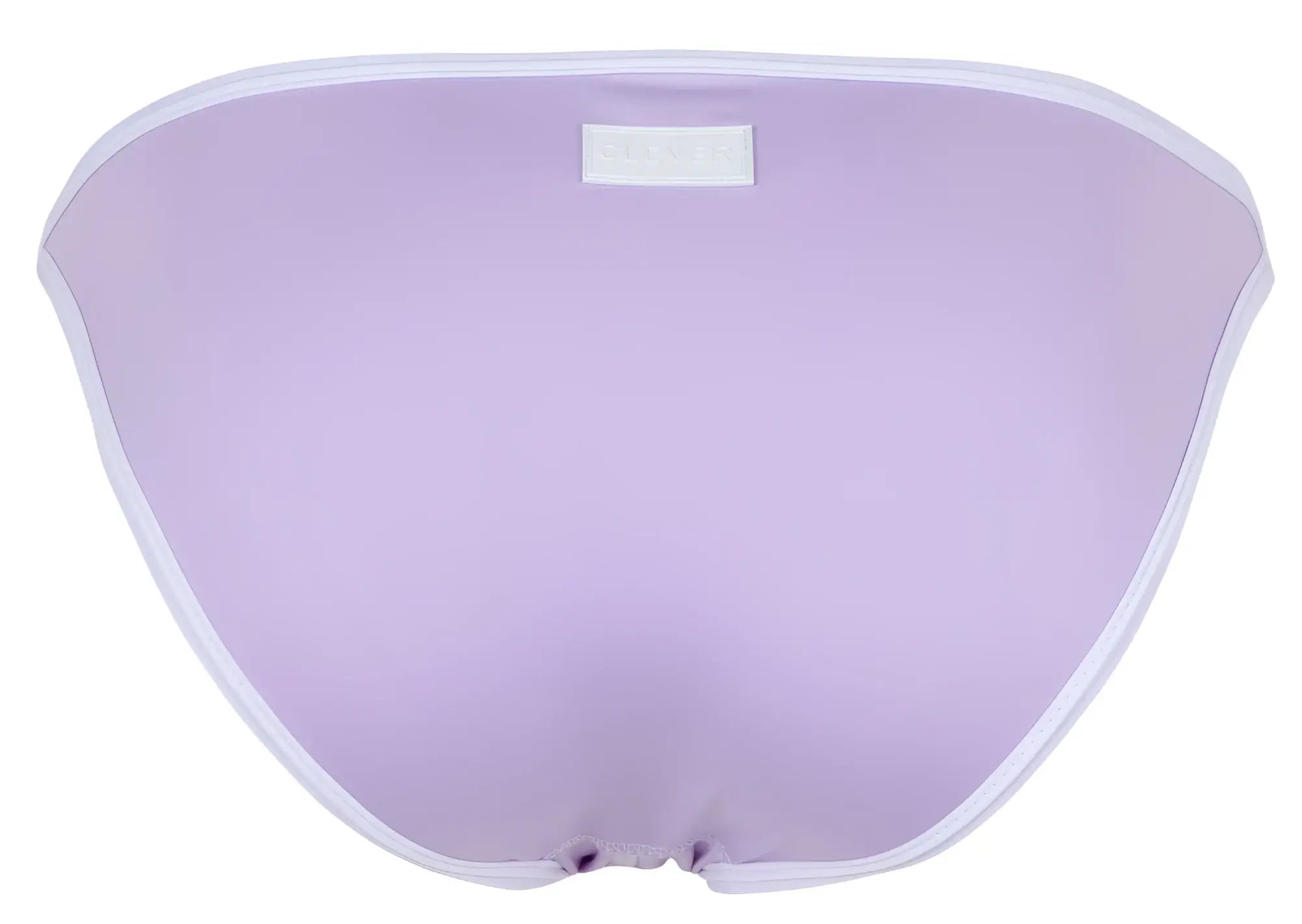 Lavender mesh bikini bottom with white trim and label on waistband from clever 1848 relax bikini color lilac collection