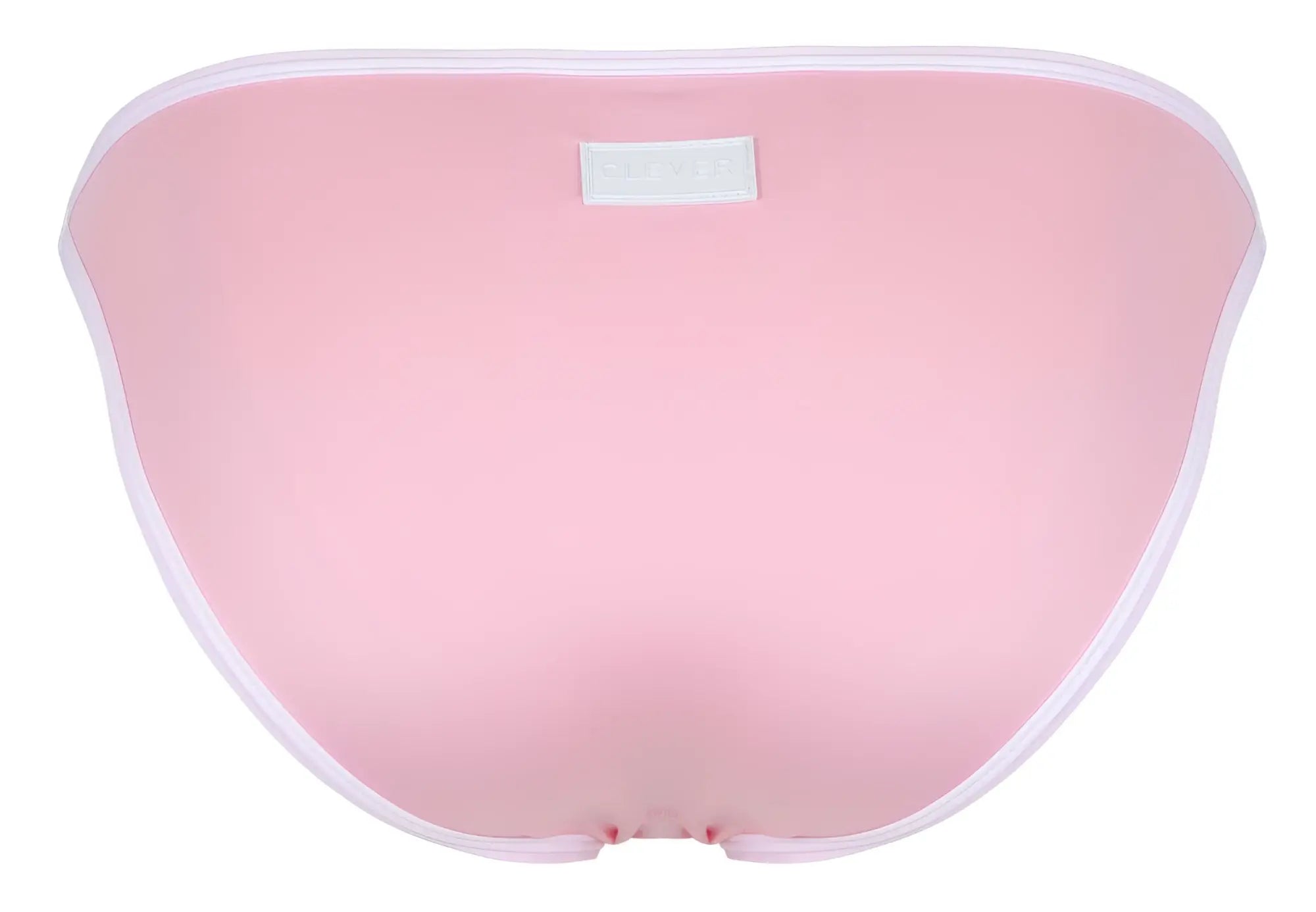 Back view of clever 1848 relax bikini bottom in pink with white trim and small rectangular label