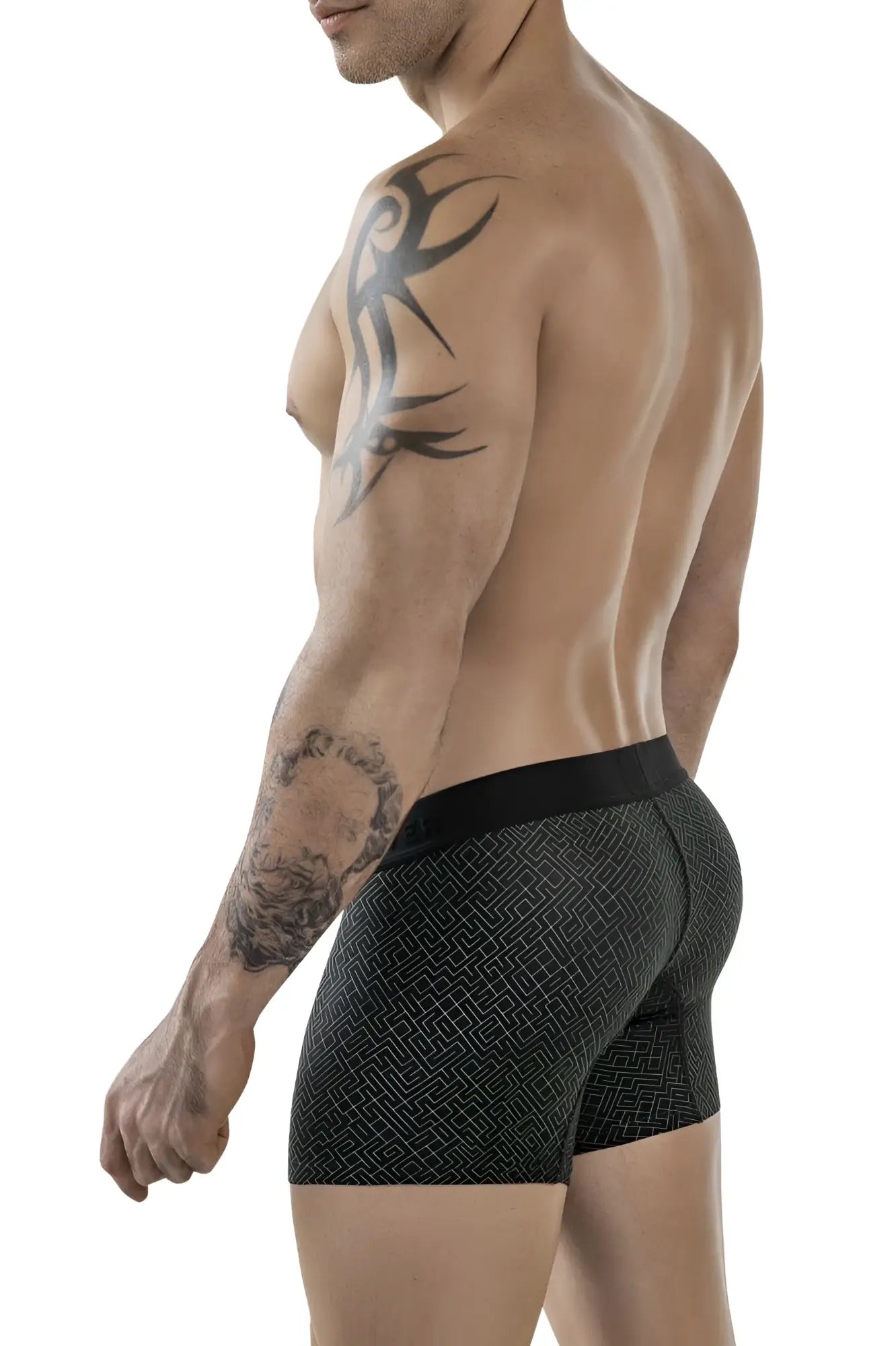 Black clever 1850 laberin trunks boxer briefs with subtle geometric pattern and solid black waistband