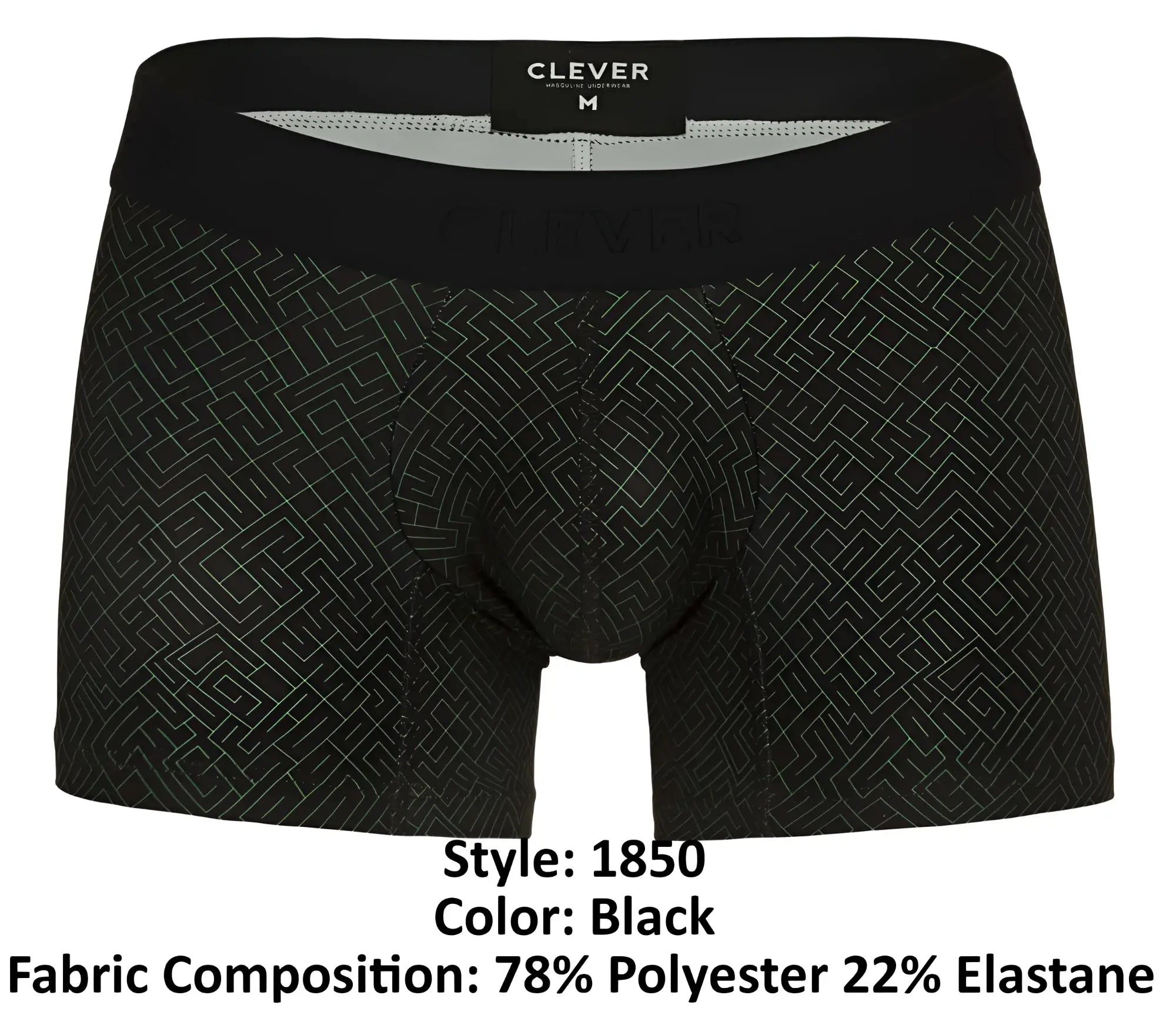 Black boxer briefs clever 1850 laberin trunks with subtle geometric pattern and black elastic waistband color black