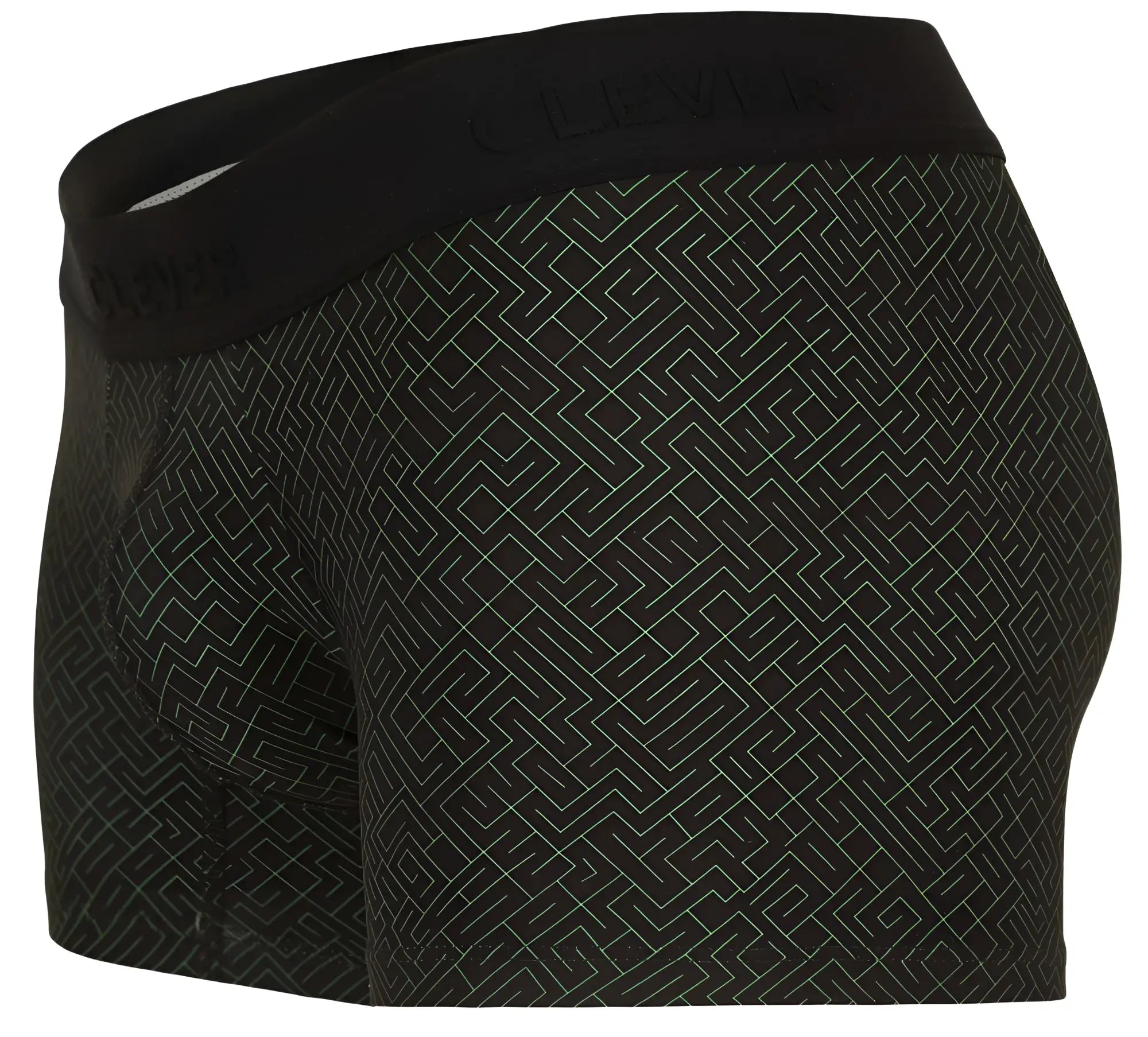 Black men’s boxer briefs clever 1850 laberin trunks in black with subtle light gray maze pattern and clever waistband logo
