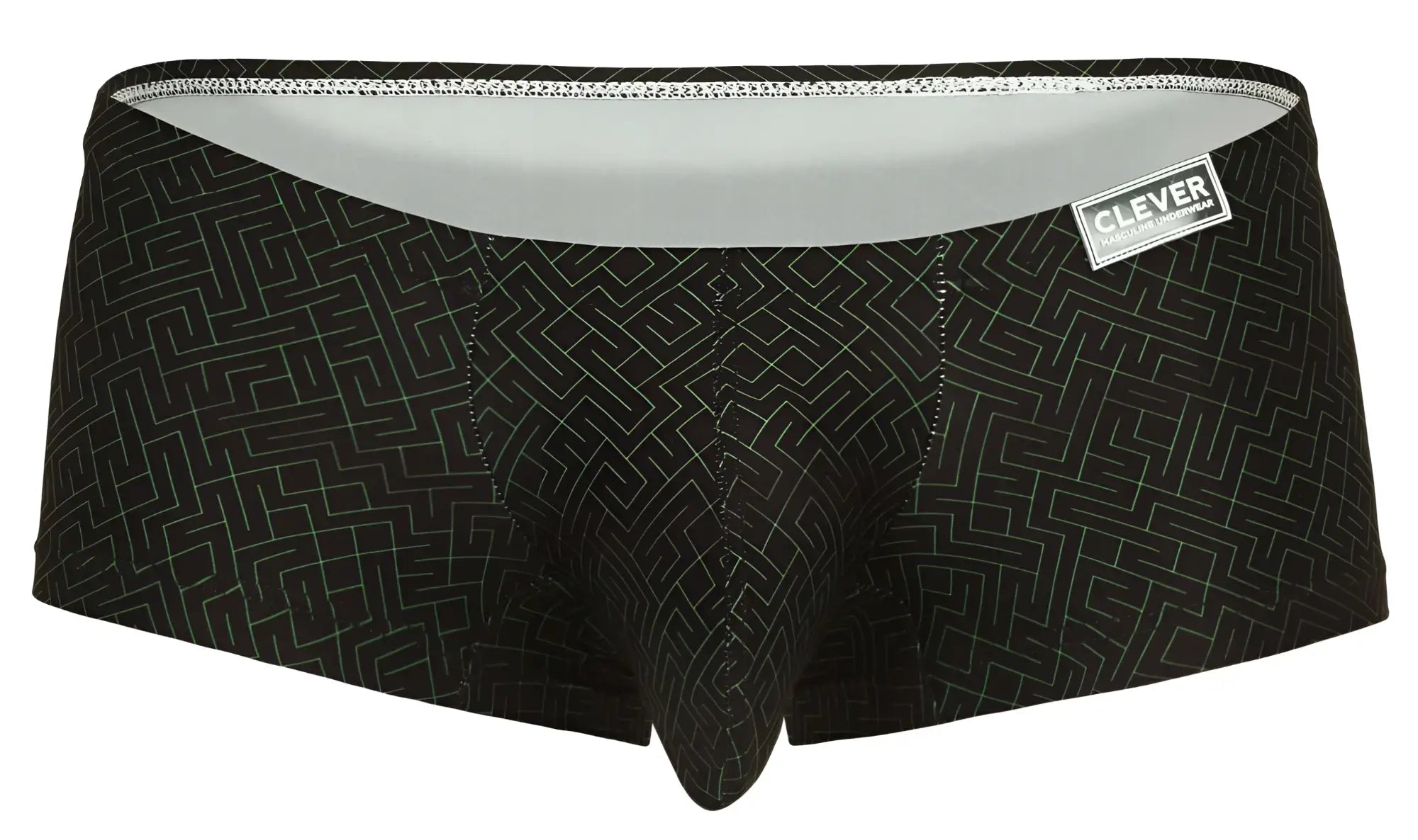 Clever 1852 Laberin trunks black men’s briefs with subtle white geometric maze pattern and light gray inner waistband