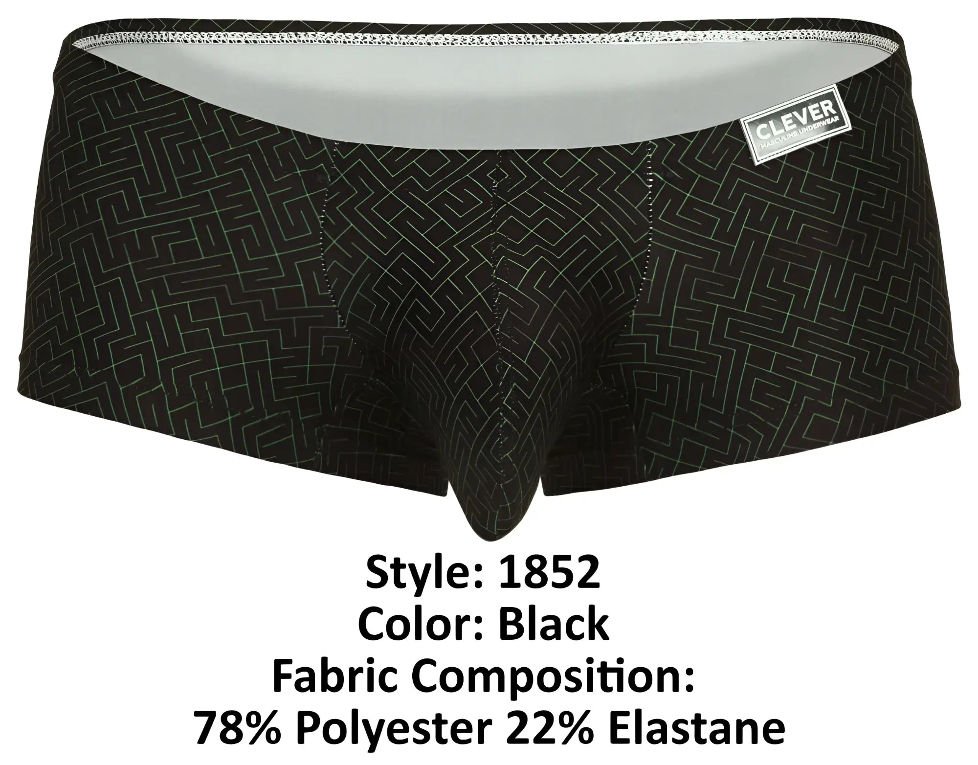 Black clever 1852 laberin trunks featuring subtle white maze pattern and branded waistband label for comfortable wear