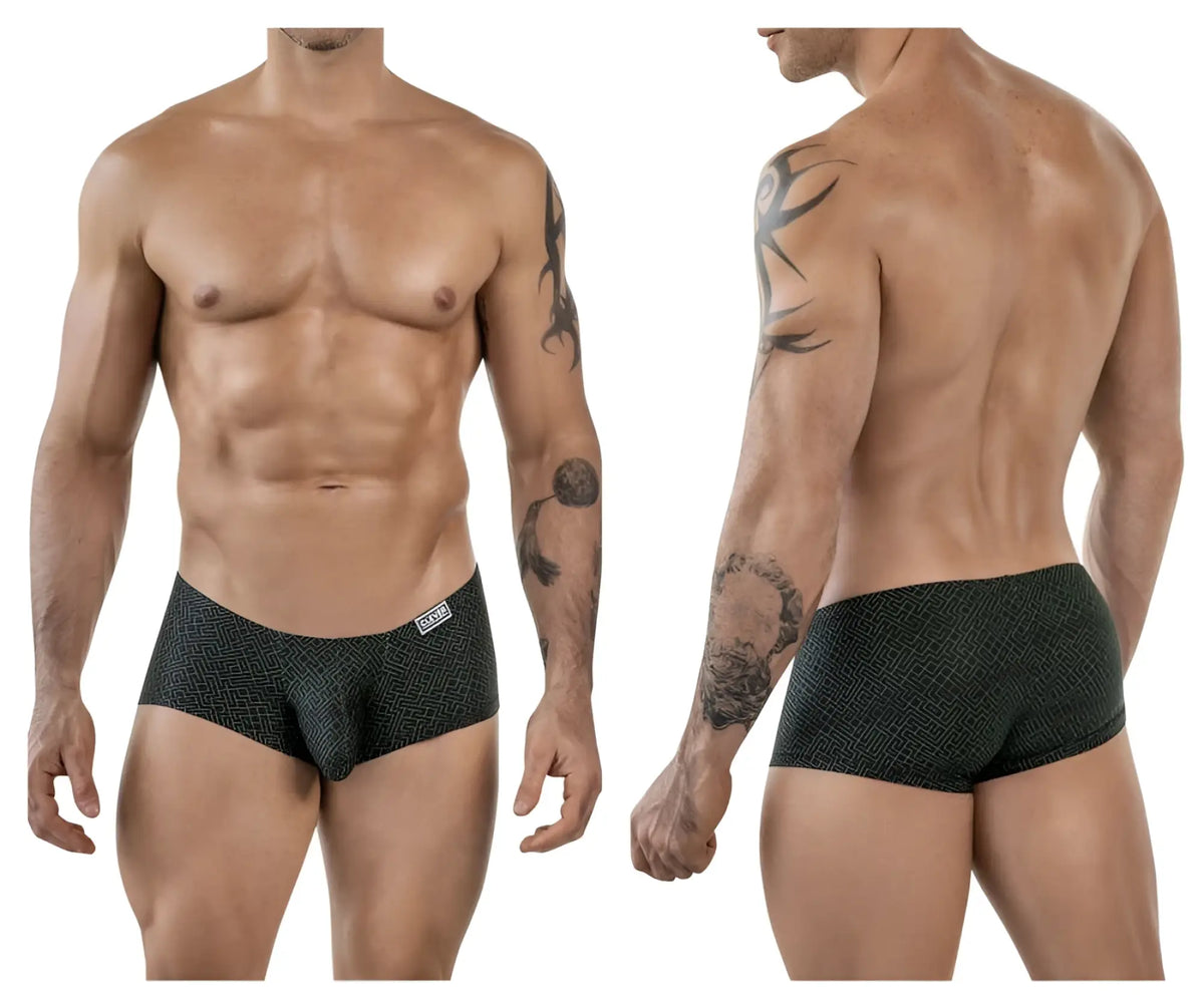 Black Clever 1852 Laberin trunks with subtle geometric pattern and small white logo on waistband in briefs style