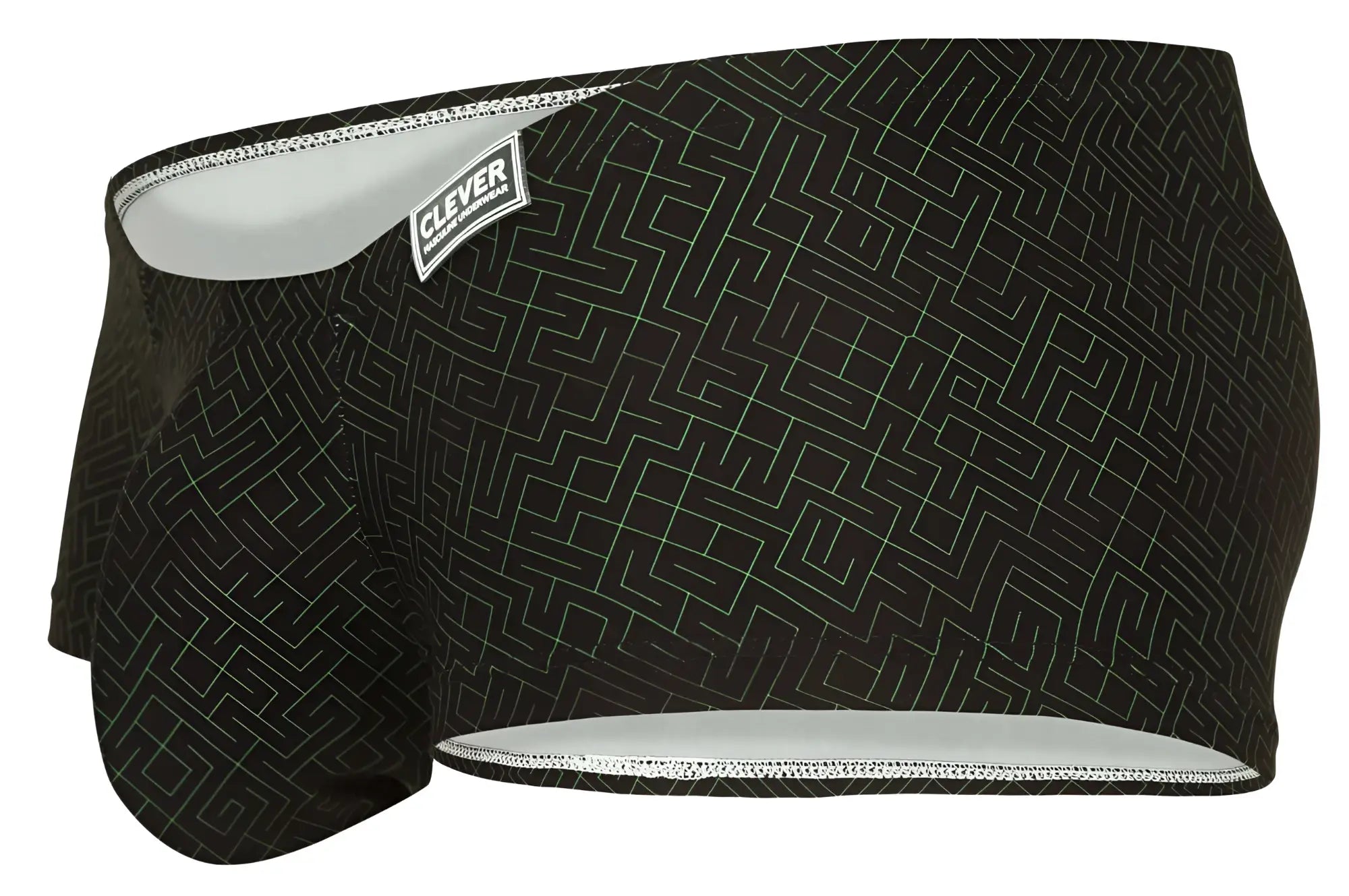 Clever 1852 laberin trunks black swim trunks with light gray maze pattern and white trim on waistband and leg openings