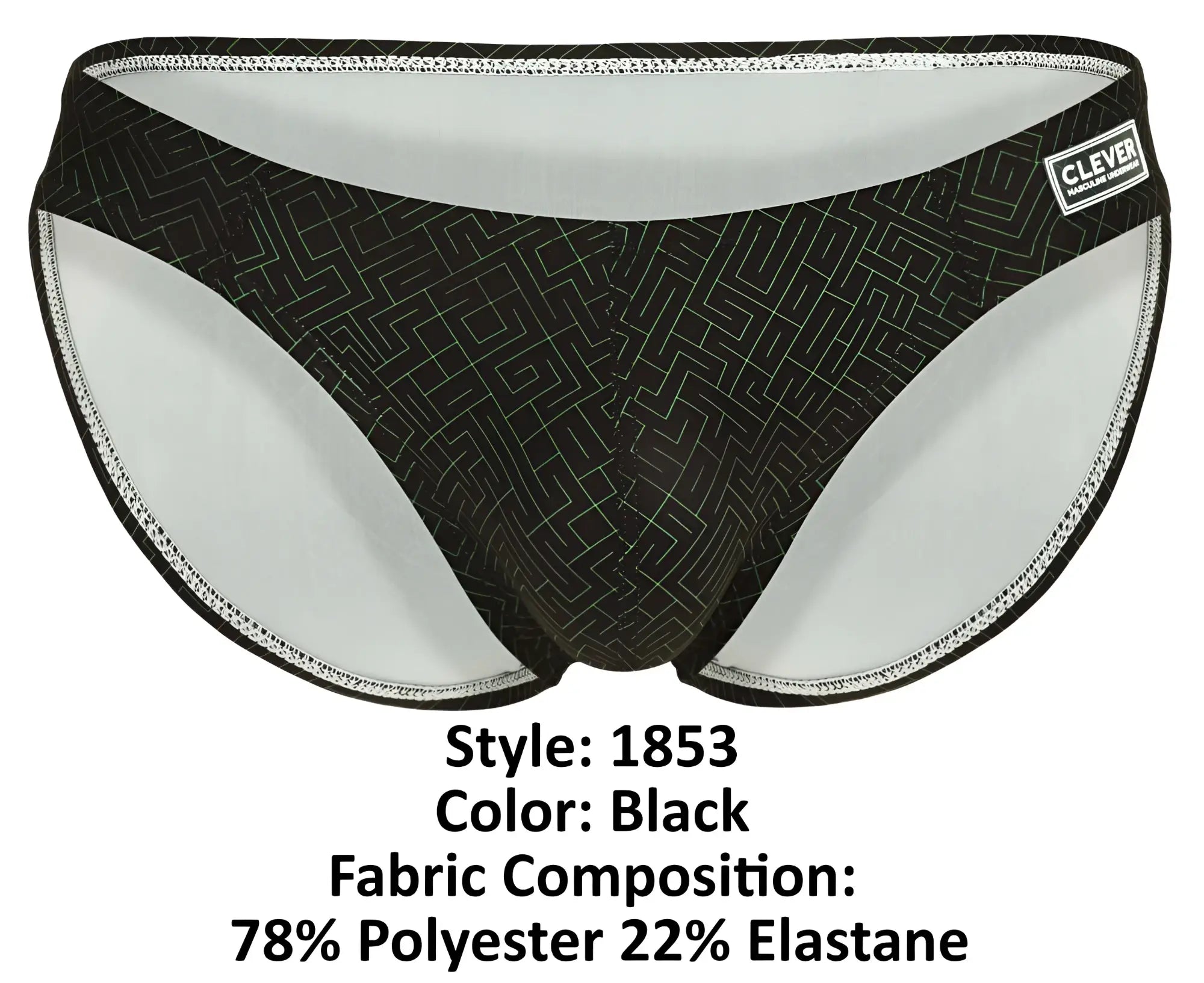 Black briefs with subtle geometric pattern and white lining from clever 1853 laberin bikini color black collection