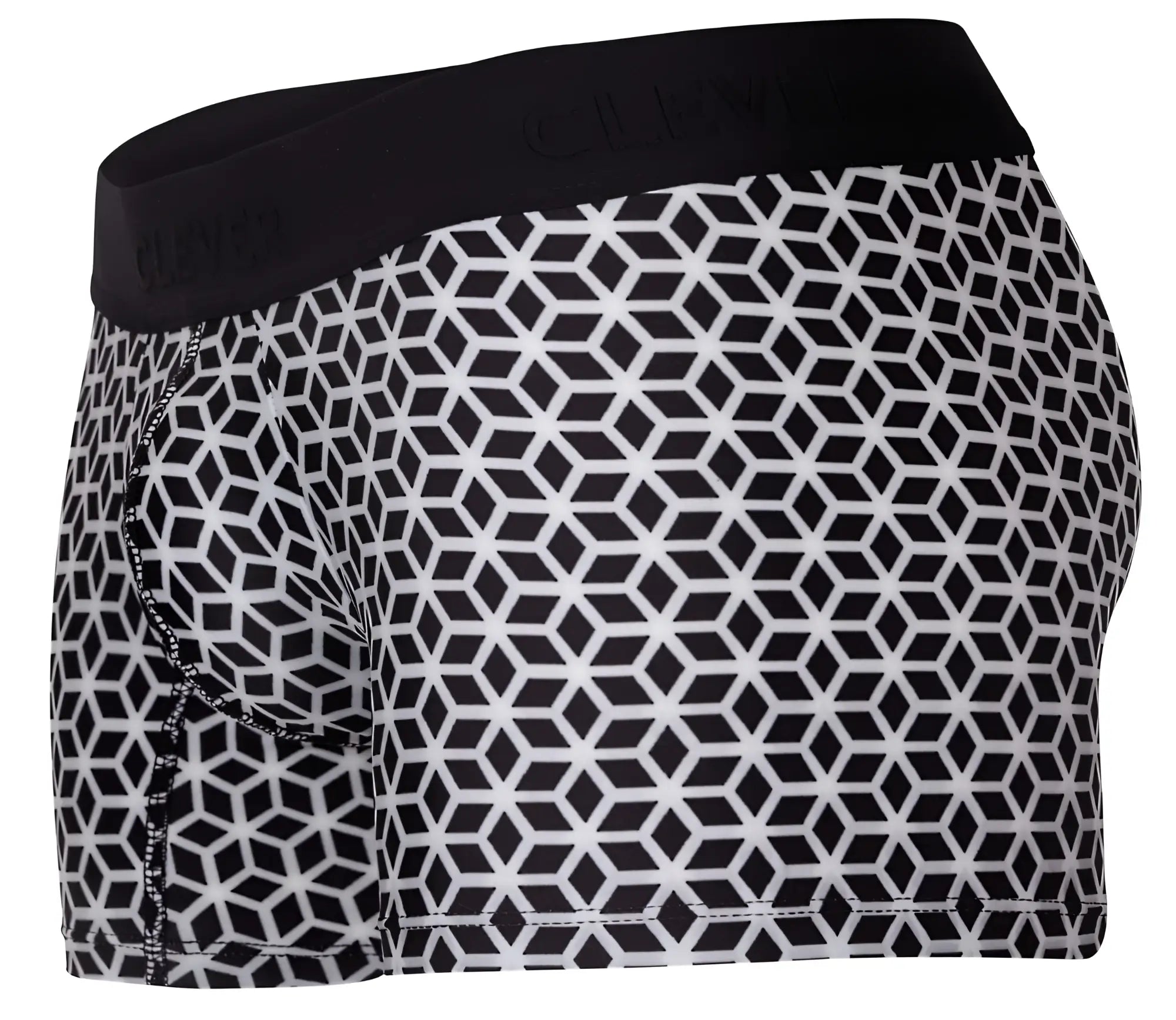 Black and white geometric patterned boxer briefs with black elastic waistband clever 1854 cuadricula trunks white