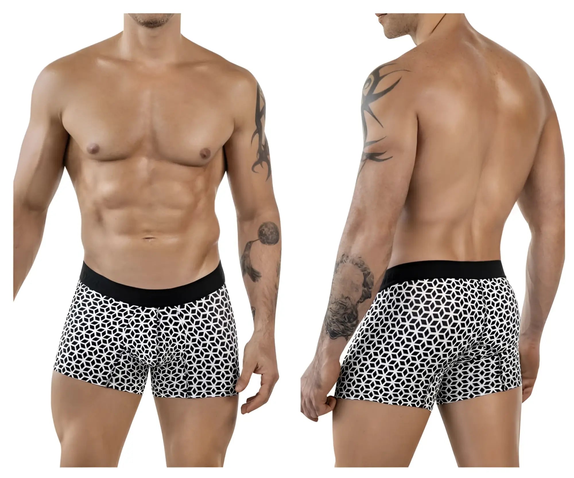 Black and white geometric-patterned Clever 1854 Cuadricula trunks with solid black waistband in white color