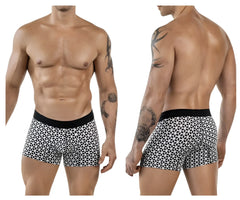 Black and white geometric-patterned Clever 1854 Cuadricula trunks with solid black waistband in white color