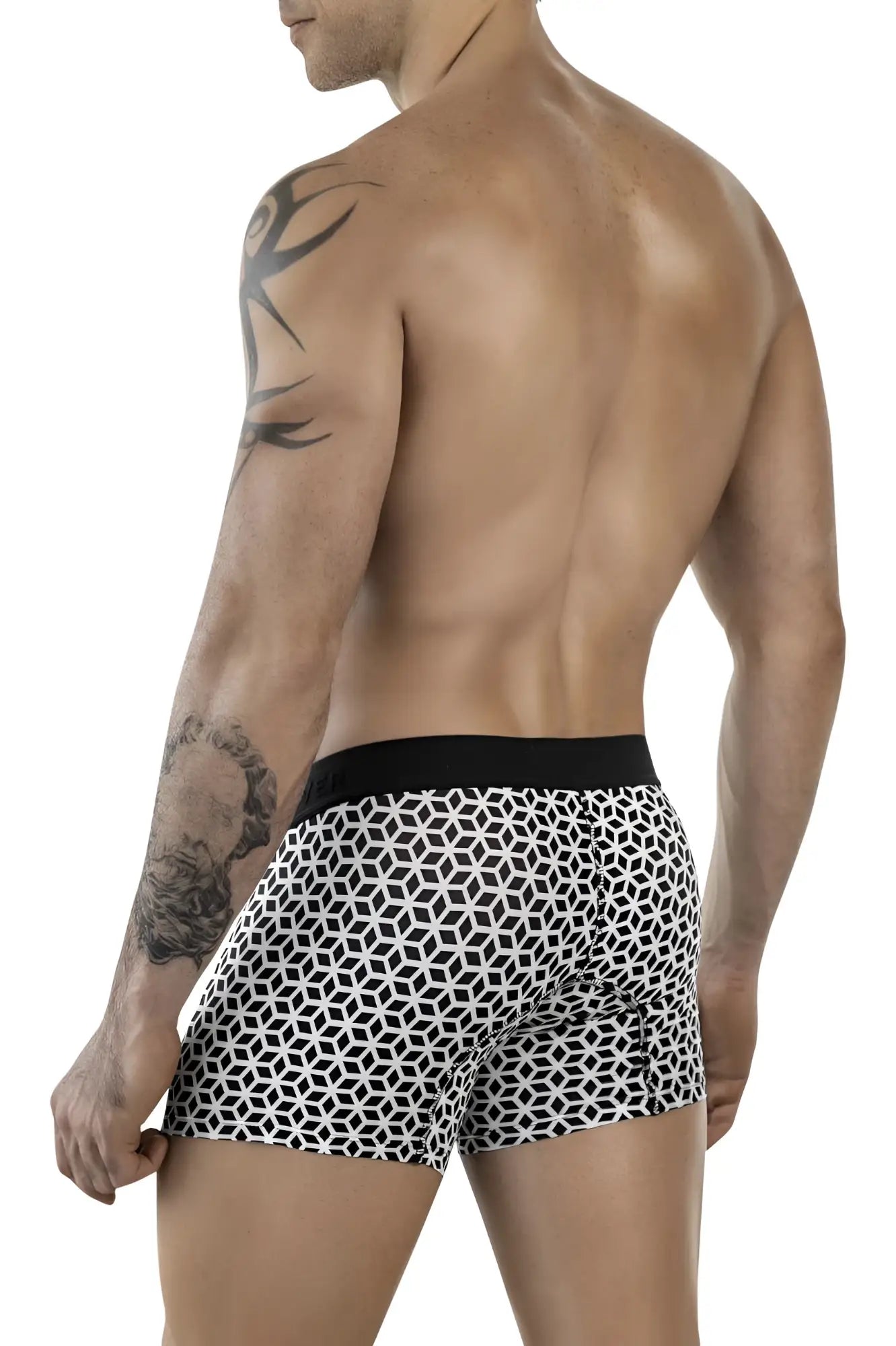 Clever 1854 Cuadricula trunks men’s boxer briefs in black and white geometric pattern with solid black waistband