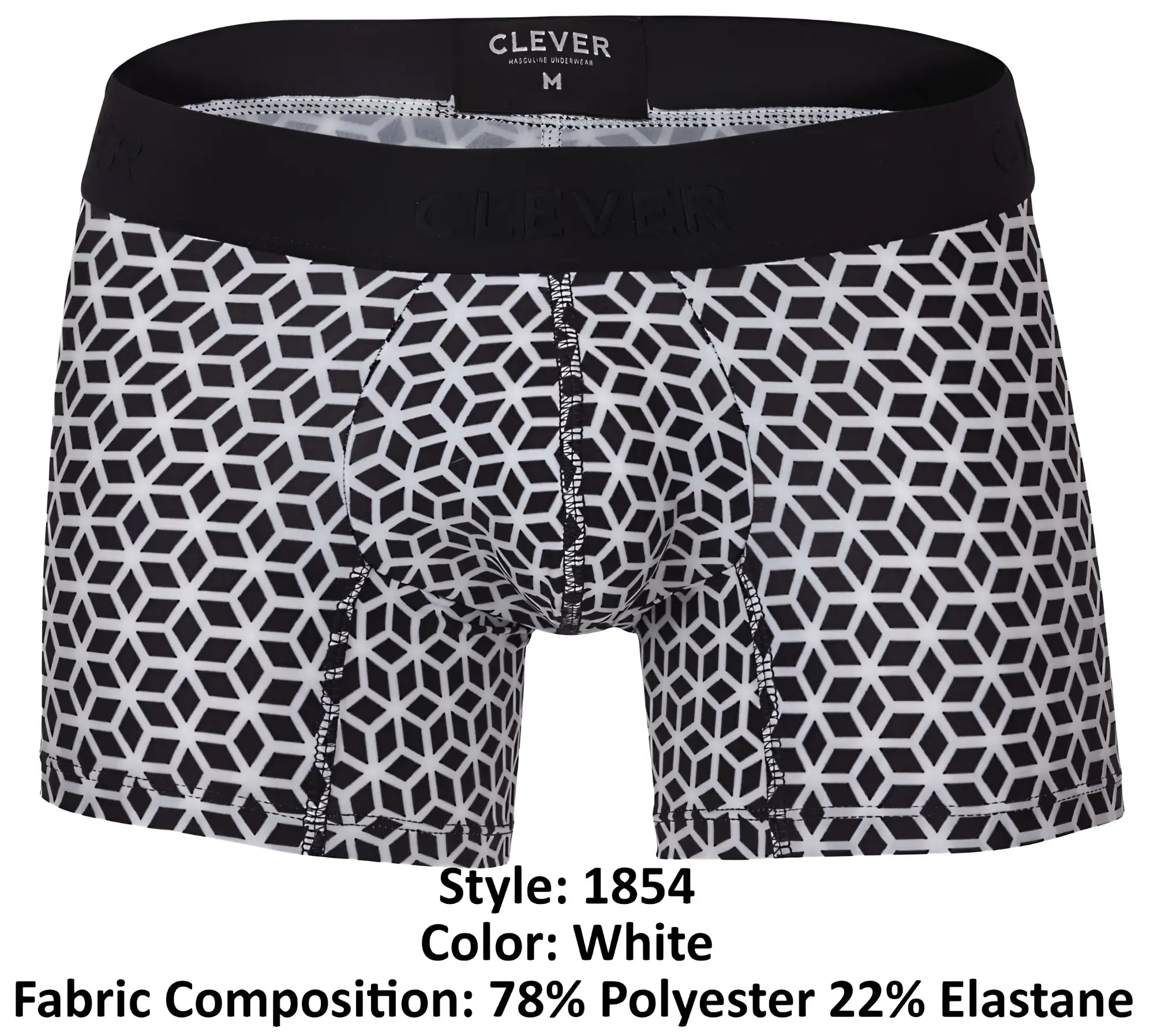 White boxer briefs with black geometric pattern and black waistband from clever 1854 cuadricula trunks collection