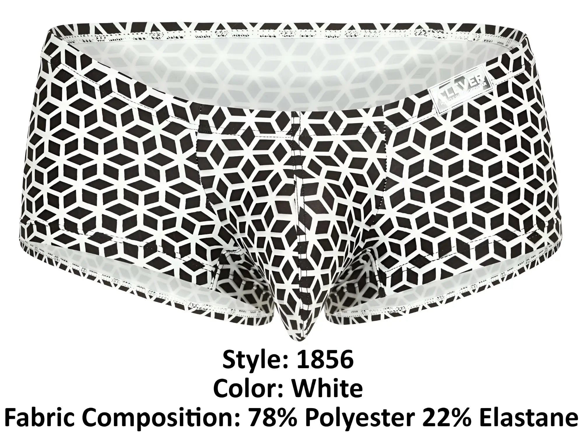 White clever 1856 cuadricula trunks briefs with bold black interlocking cube geometric pattern on white fabric