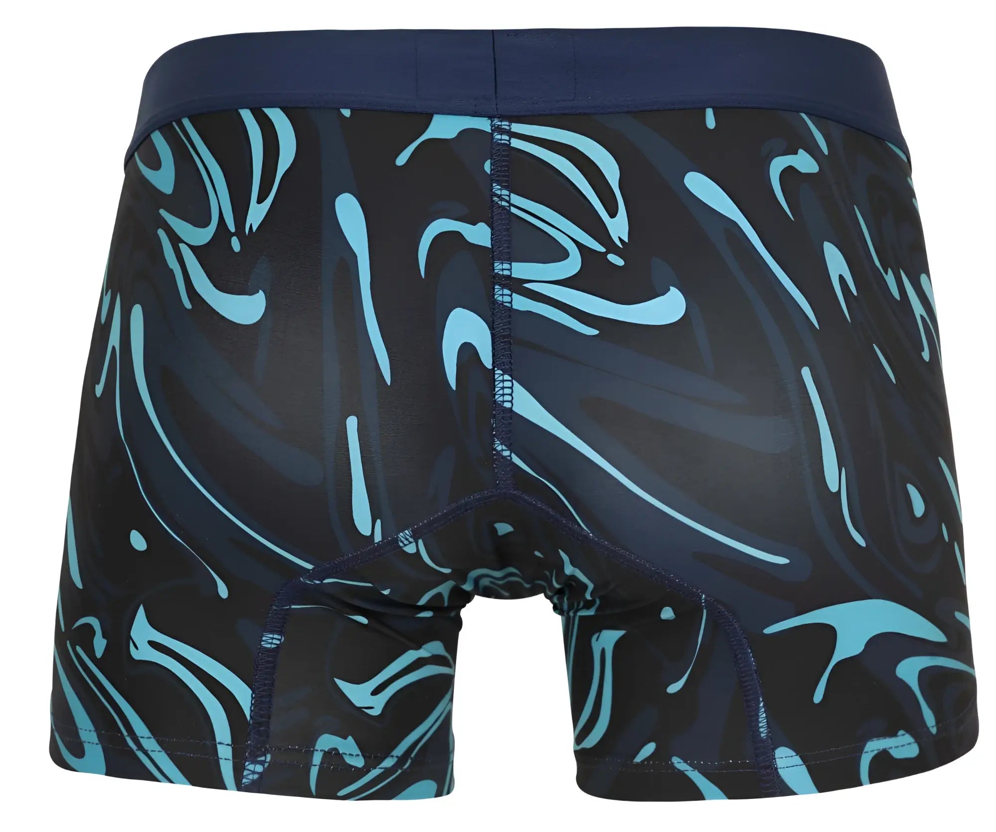 Clever 1858 Grosh trunks boxer briefs with black and teal abstract swirls and navy waistband in dark blue color