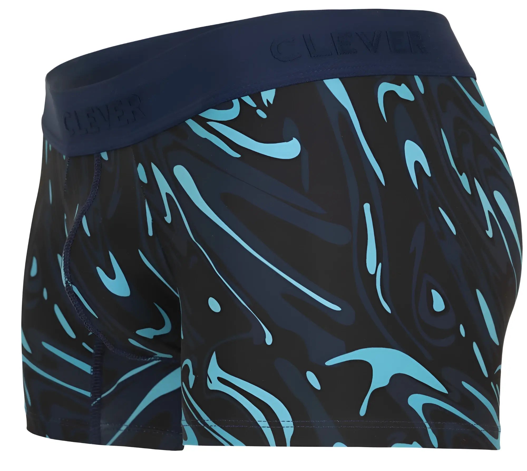 Dark blue clever 1858 grosh trunks boxer briefs with vibrant teal abstract swirl pattern and embossed waistband logo