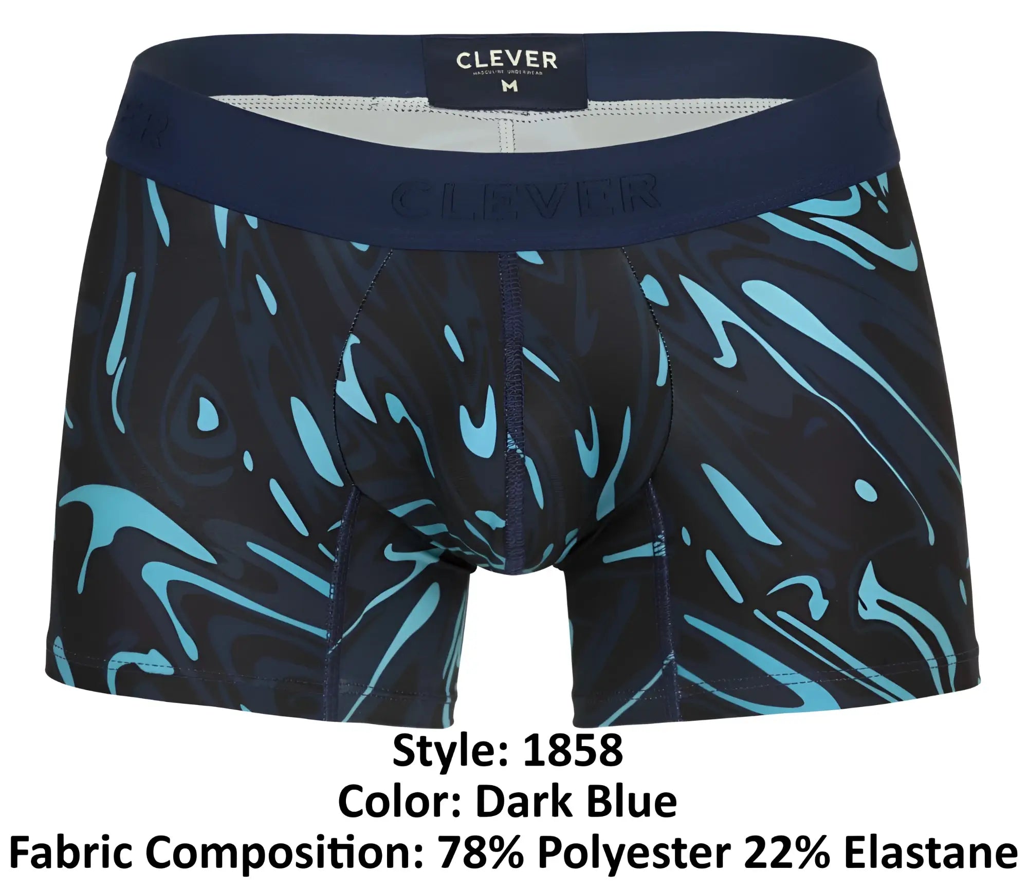 Dark blue clever 1858 grosh trunks boxer briefs with vibrant turquoise abstract swirl pattern and clever waistband label
