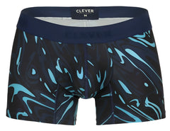 Dark blue clever 1858 grosh trunks boxer briefs with vibrant turquoise abstract swirl pattern and clever waistband label