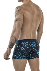 Men’s clever 1858 grosh trunks boxer briefs in dark blue with vibrant turquoise abstract wave pattern