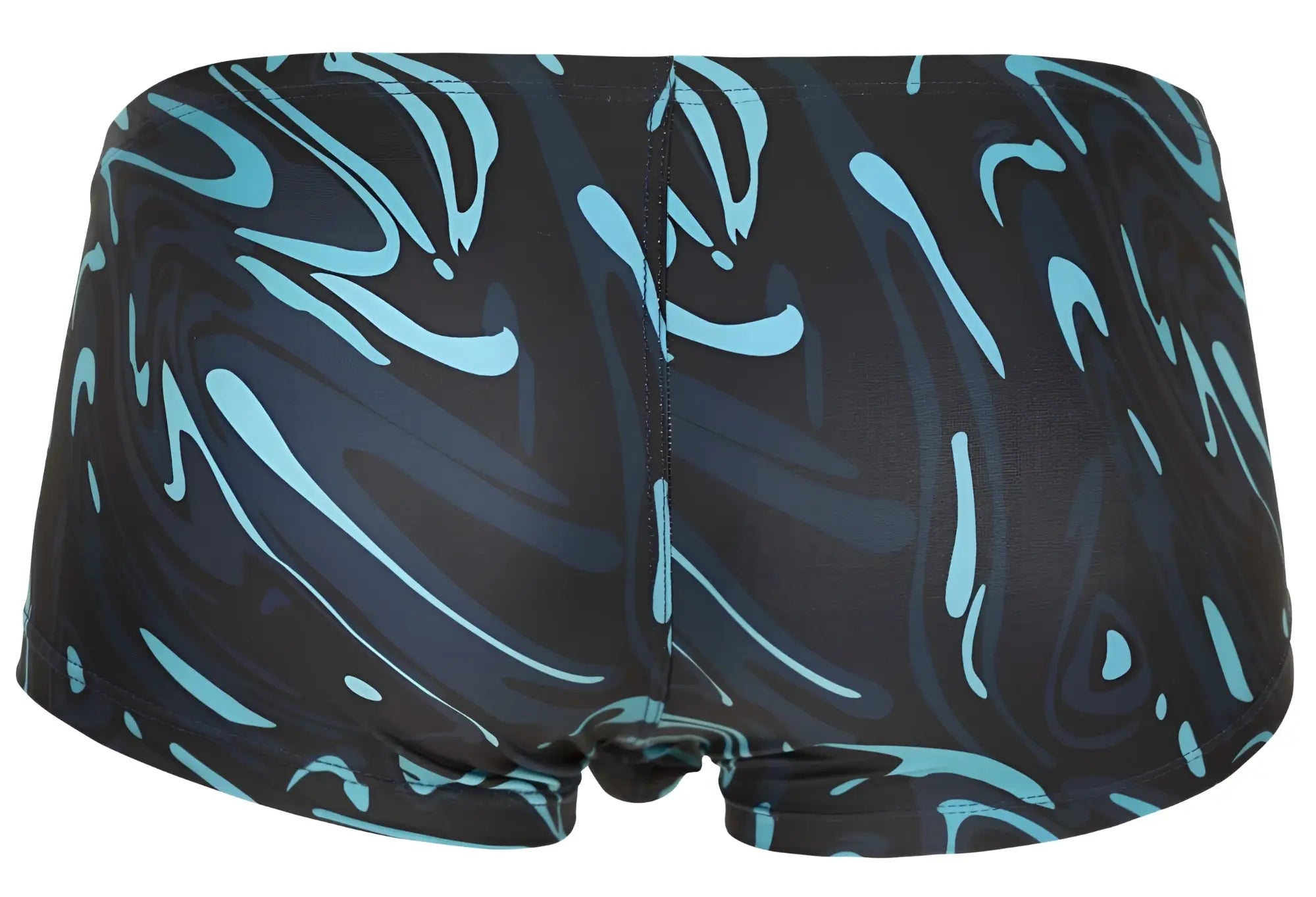 Black clever 1860 grosh swim trunks with a teal and light blue swirling pattern in dark blue color