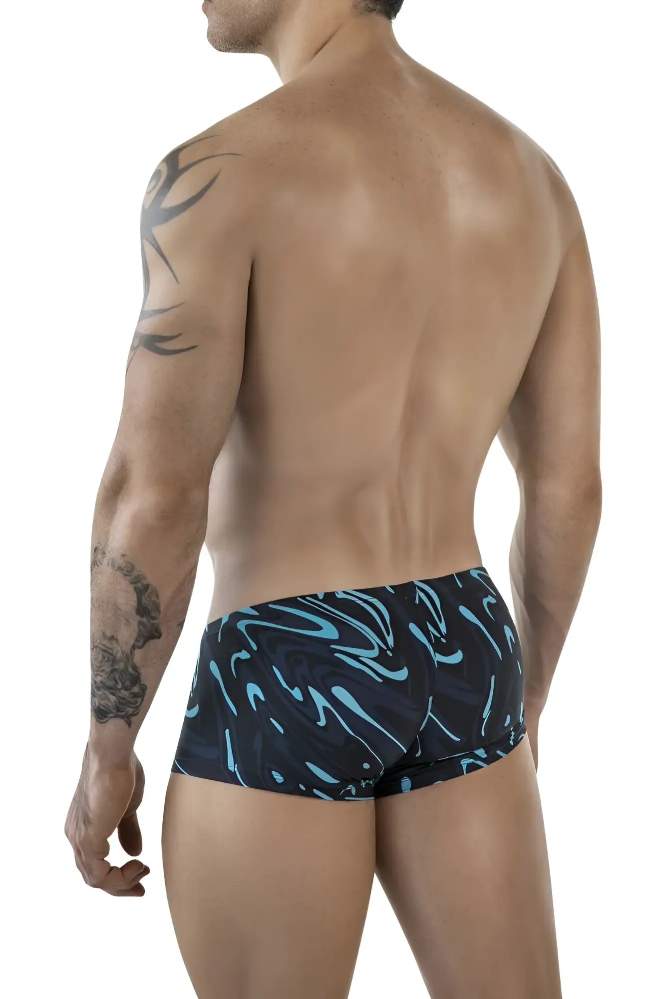 Black clever 1860 grosh swim trunks with vibrant turquoise abstract wave pattern in dark blue color
